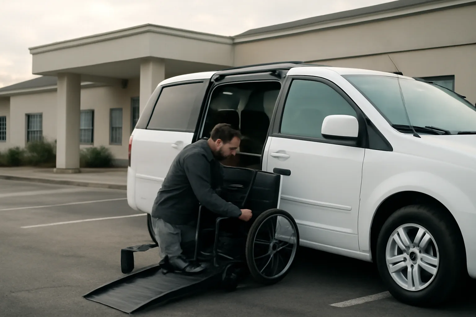 Driver checking wheelchair securement straps on an accessible van used for NEMT broker trips
