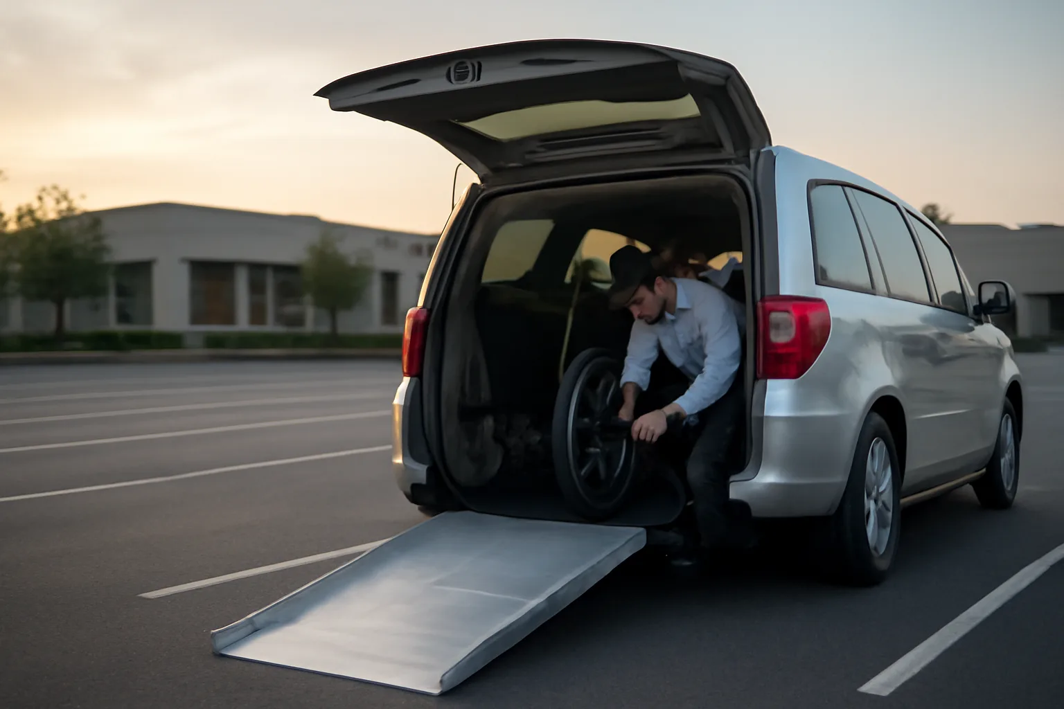 Driver checking wheelchair securement straps inside an accessible van at sunrise