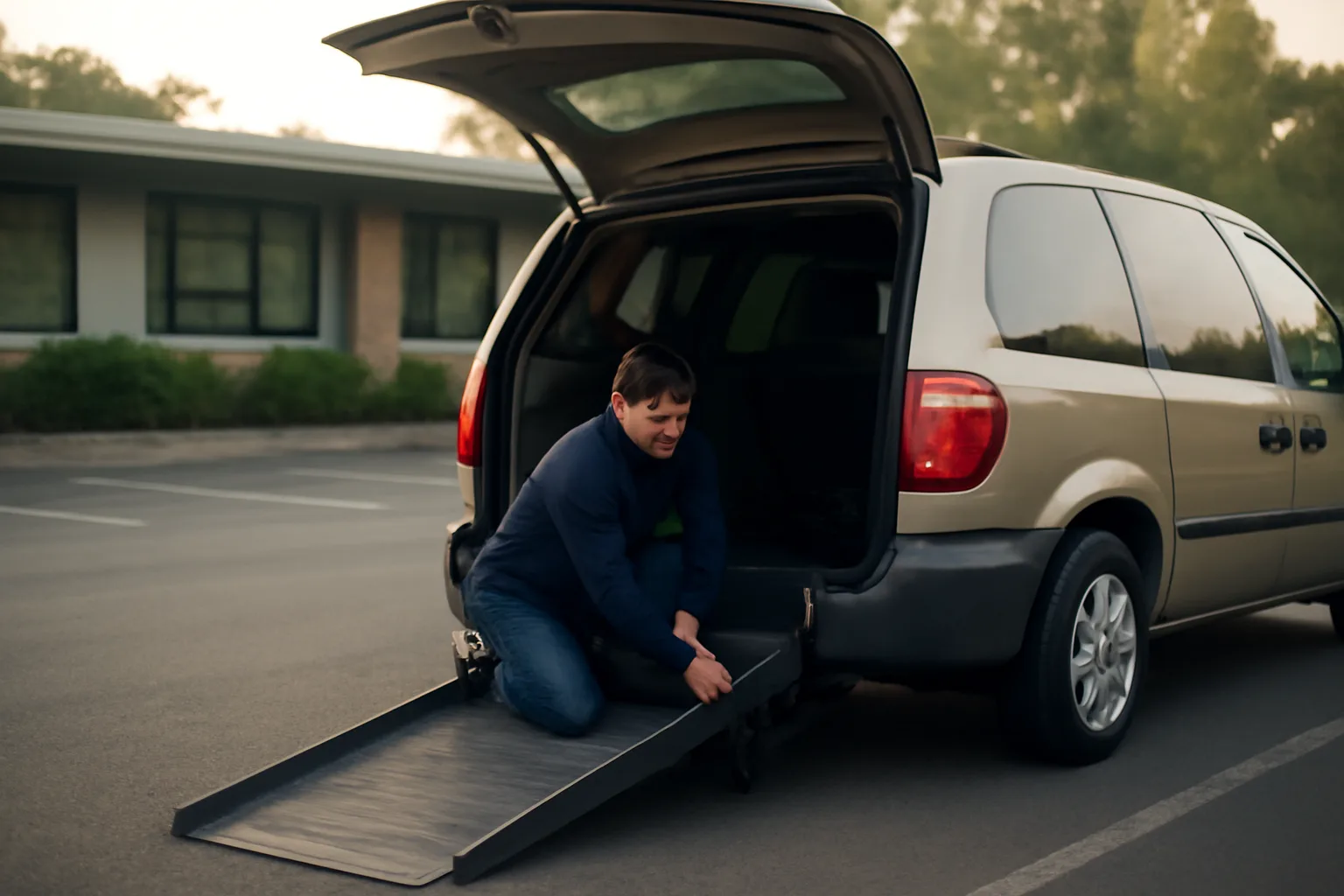 Wheelchair-accessible NEMT van with ramp deployed outside a medical clinic at dawn