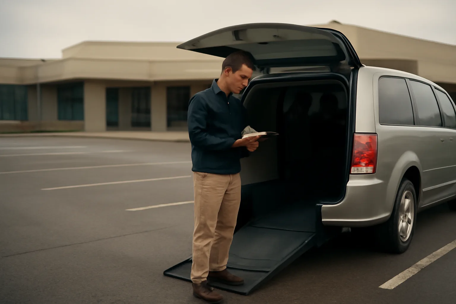 Wheelchair van owner-operator checking vehicle before NEMT Medicaid transport shift