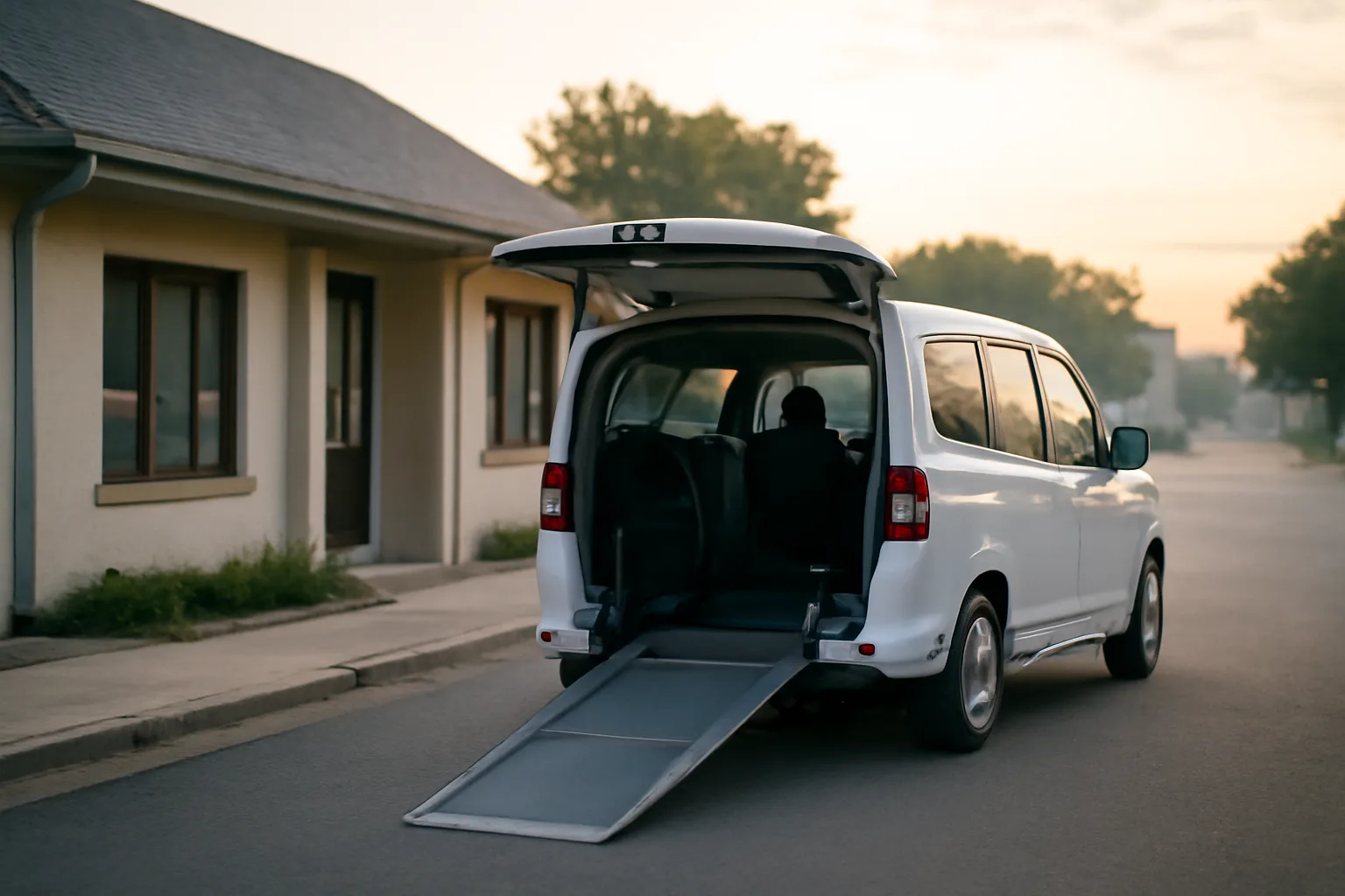 Wheelchair-accessible NEMT van with ramp deployed outside a clinic at dawn