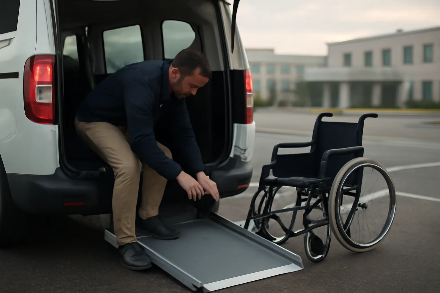 Driver checking wheelchair securement straps on a NEMT van ramp at a hospital