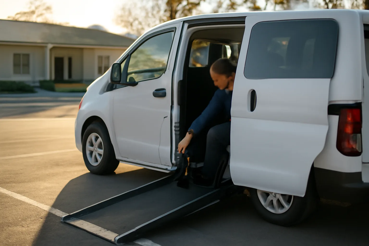 Medical transport driver checking wheelchair securement straps in a parked accessible van