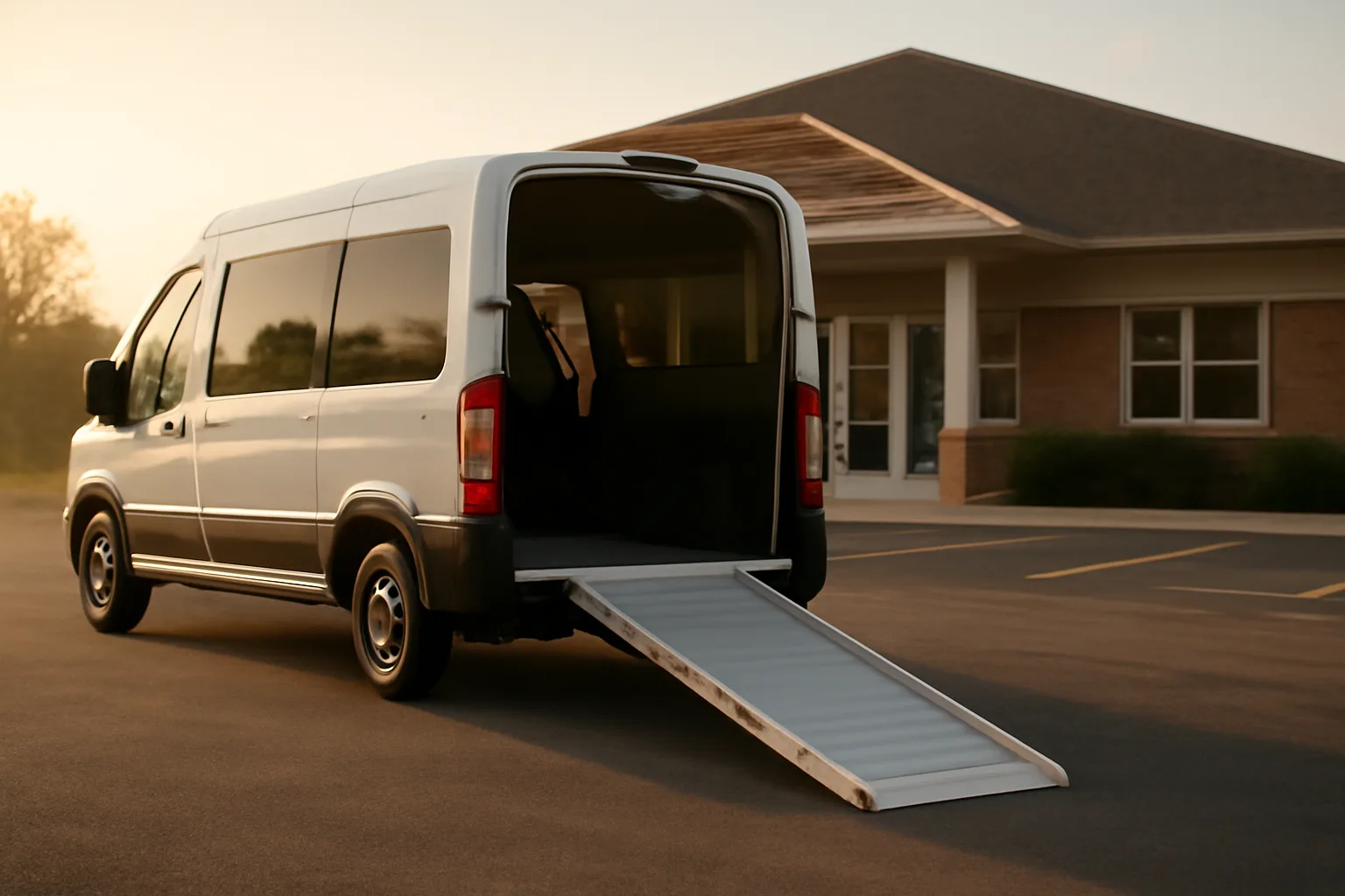 Wheelchair-accessible van with ramp deployed outside a clinic at sunrise