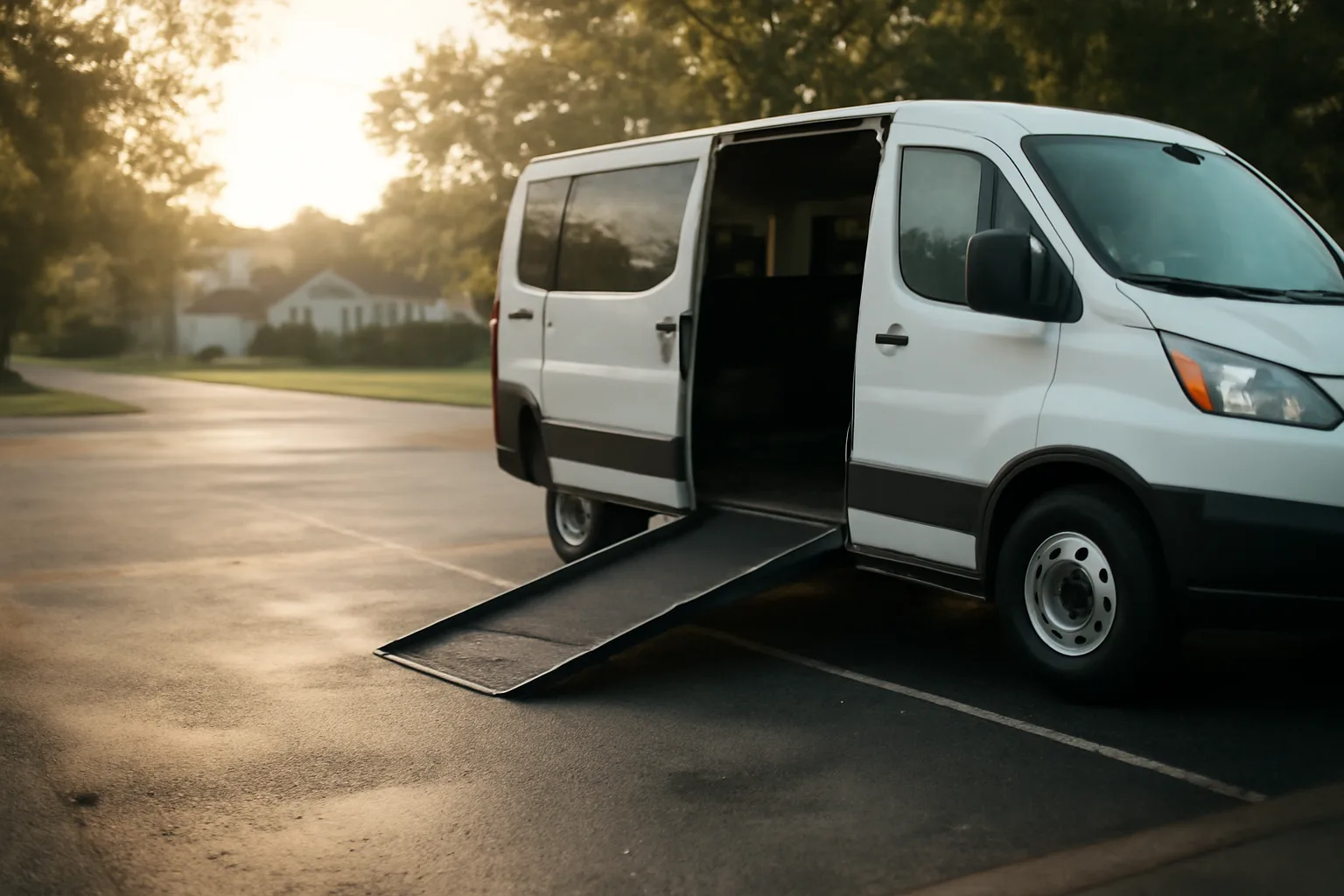 Wheelchair-accessible van with ramp extended in a clinic parking lot at dawn