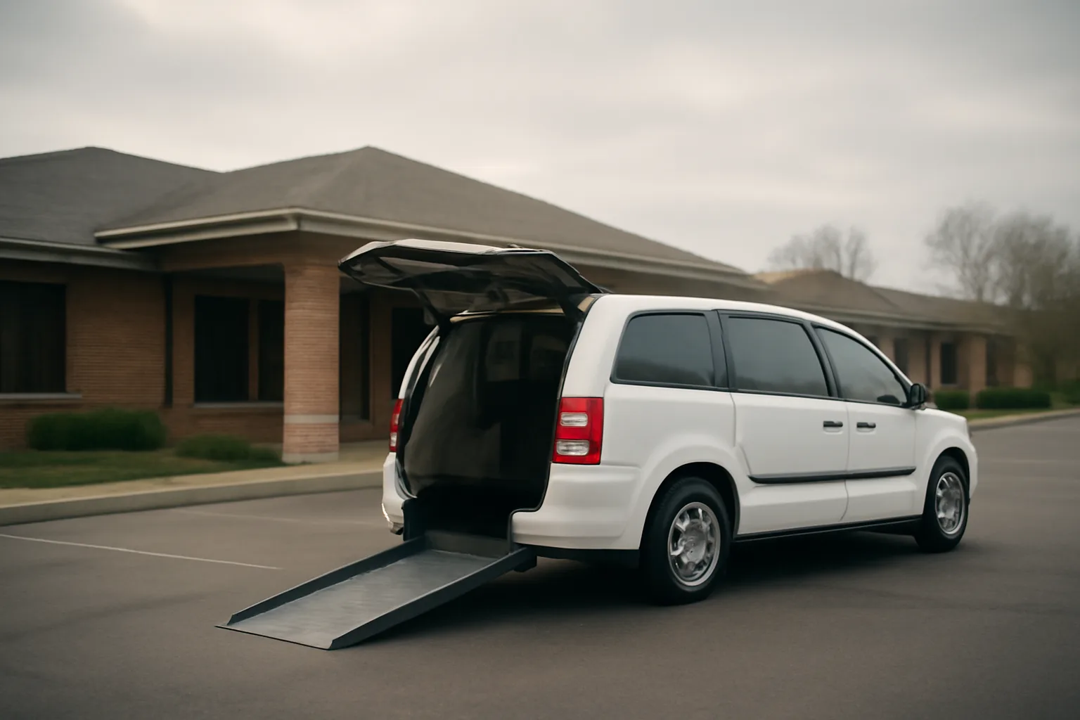 Wheelchair-accessible NEMT van with ramp deployed outside a medical office building