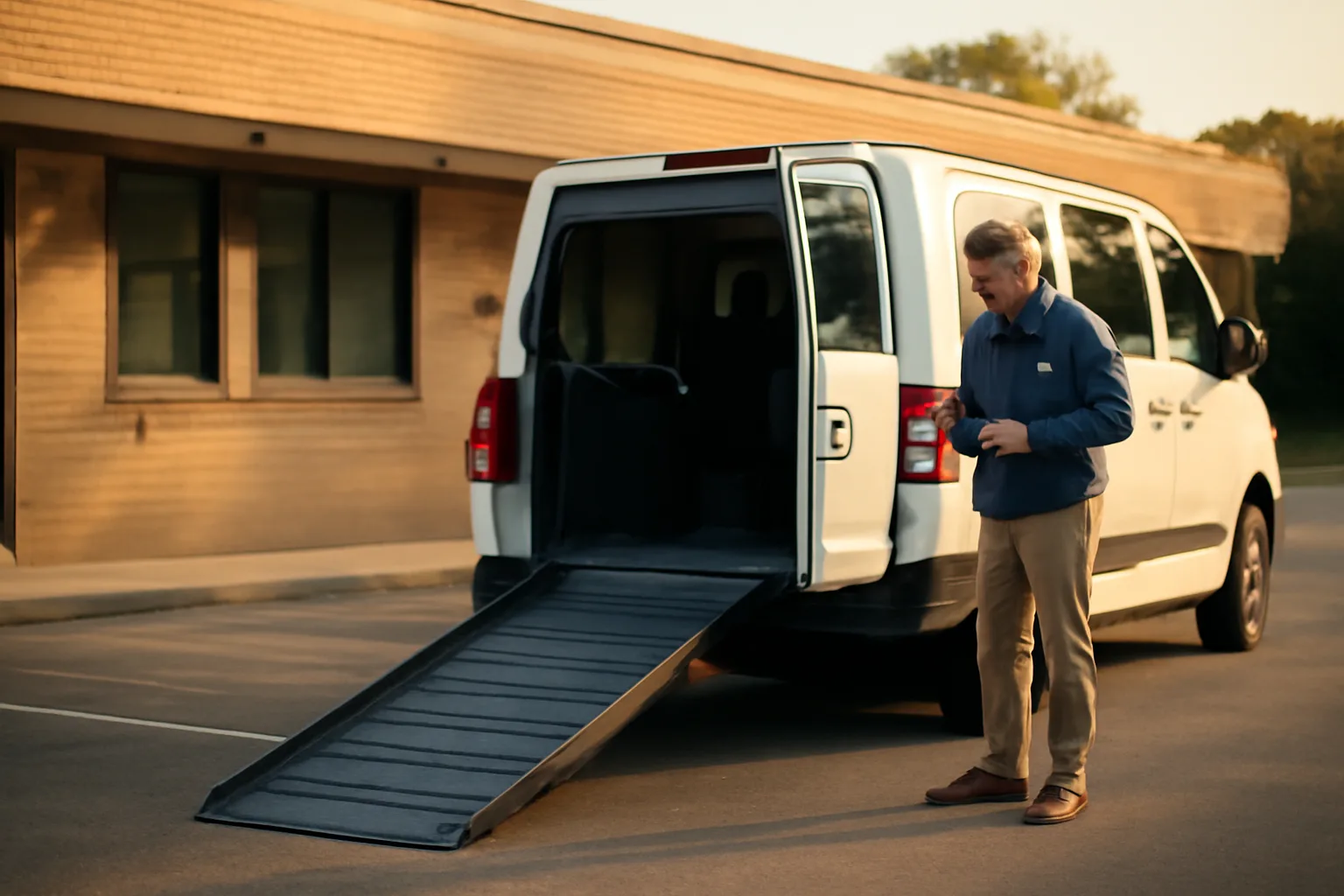 Wheelchair-accessible NEMT van with ramp extended outside a clinic at sunrise
