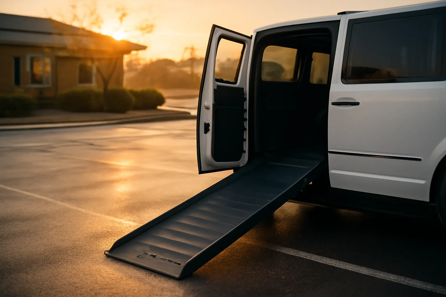 Wheelchair van with ramp deployed outside a clinic at sunrise