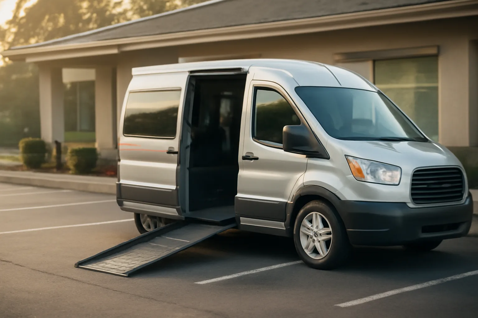 Wheelchair van with ramp deployed outside a clinic, illustrating challenges in the NEMT business