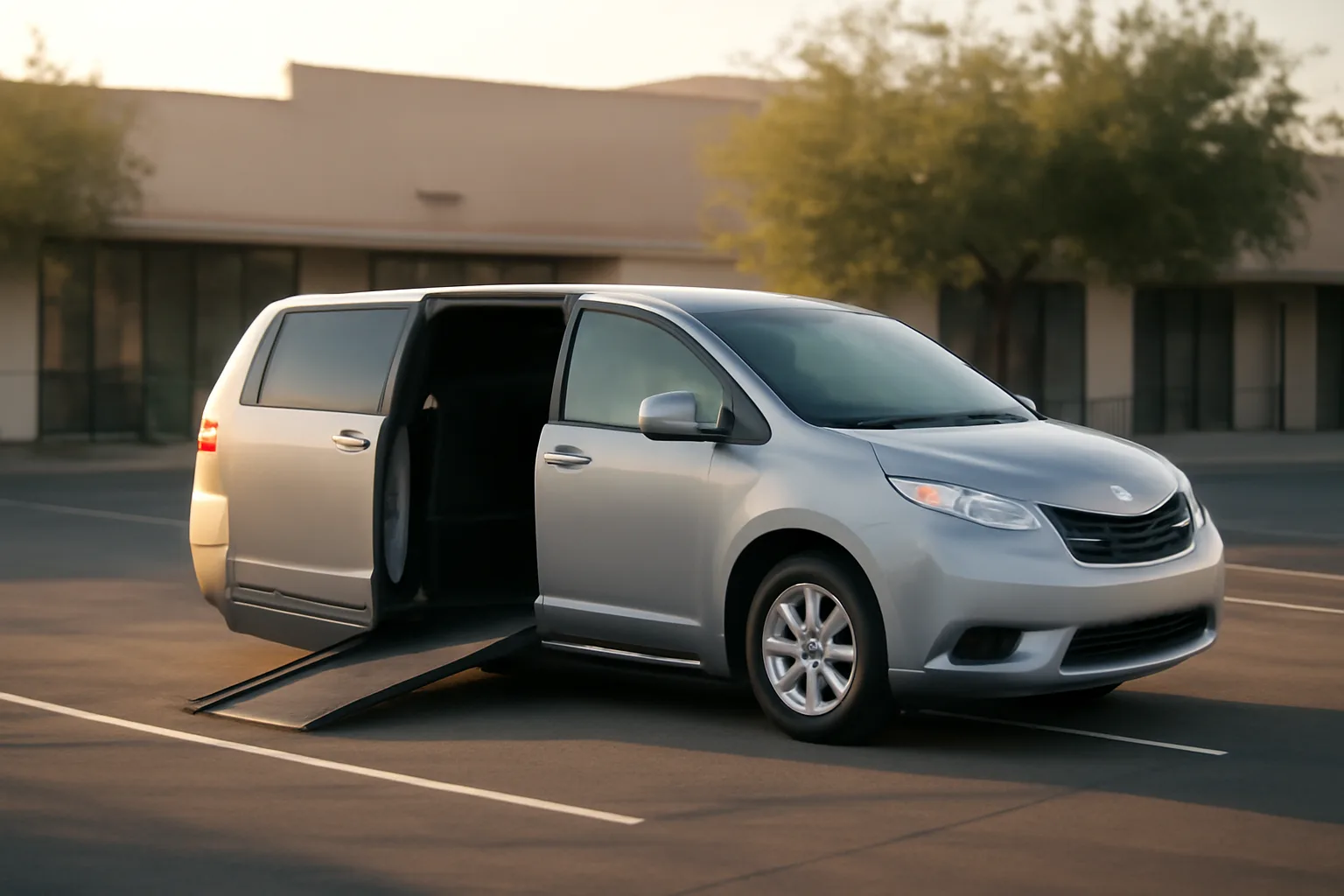 Wheelchair-accessible van with ramp lowered in a parking lot at sunrise