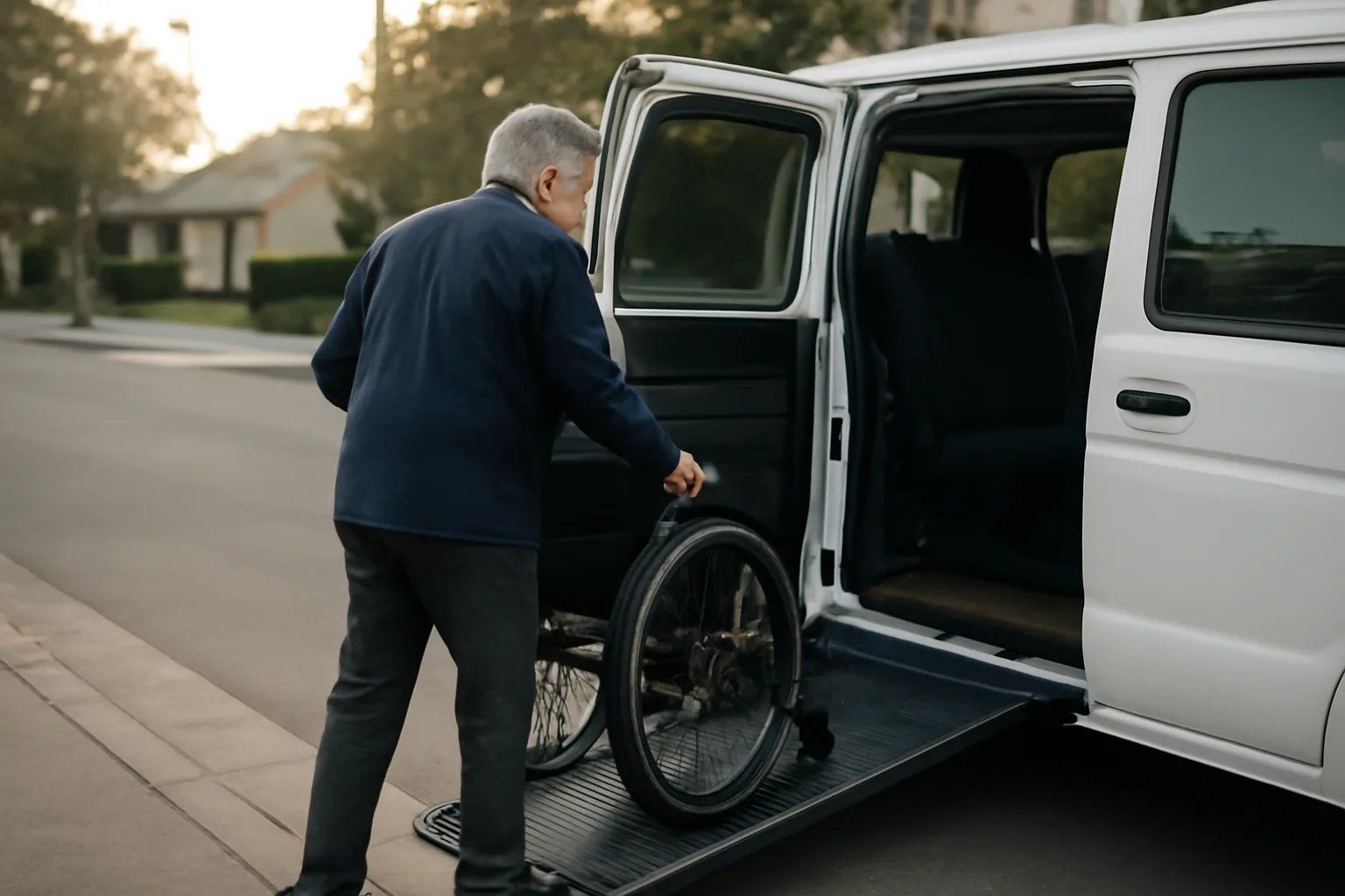 Wheelchair van ramp deployed at curb during early morning non-emergency medical transport pickup