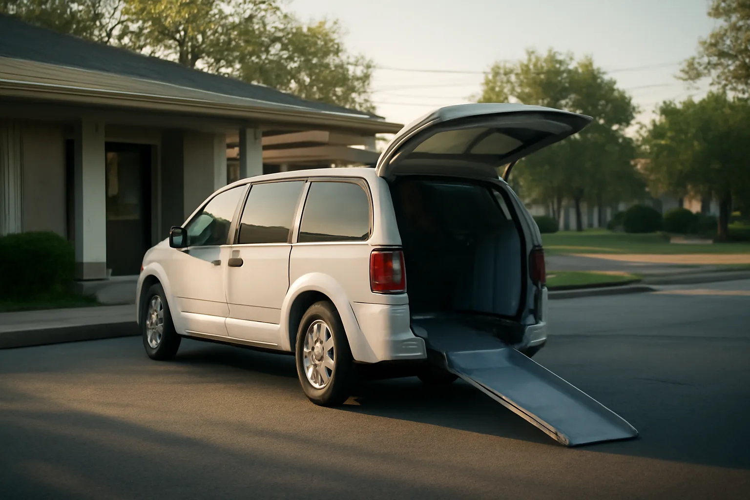Wheelchair-accessible NEMT van with ramp extended outside a clinic at dawn