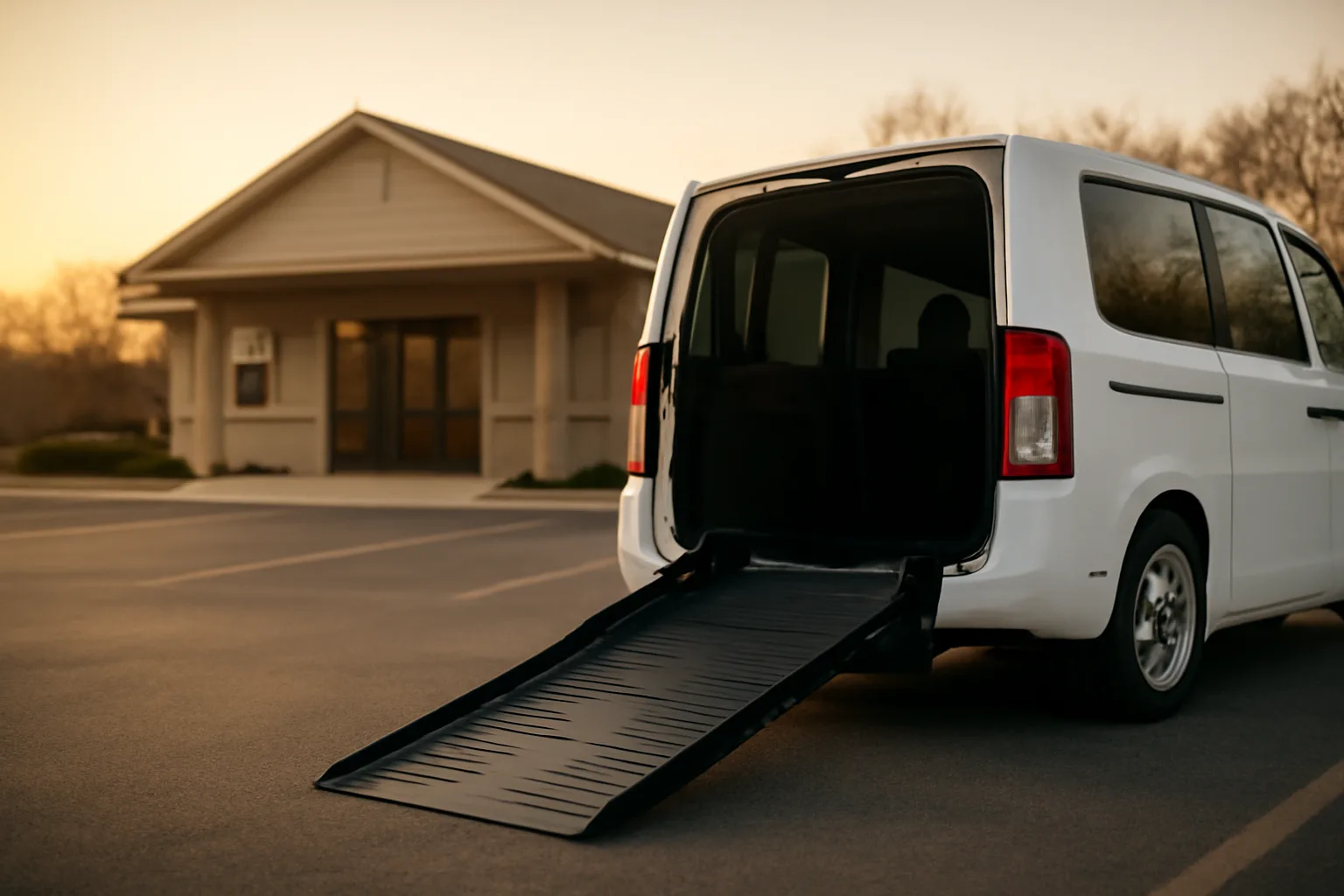 Wheelchair-accessible NEMT van with ramp deployed outside a clinic at dawn