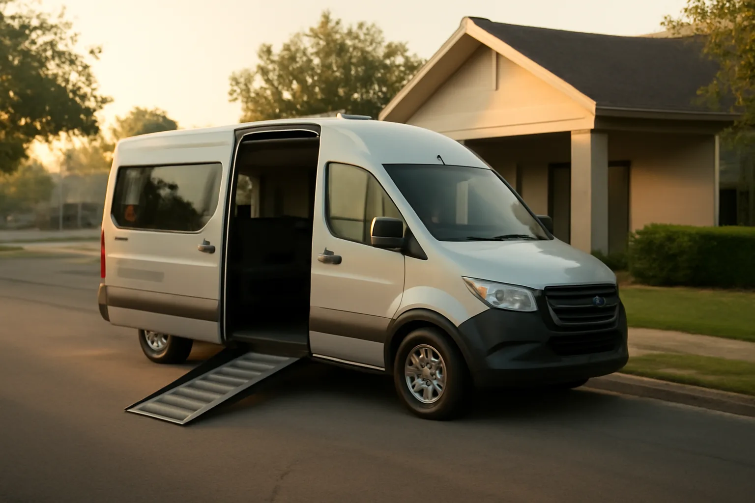 Wheelchair van with ramp deployed outside a clinic in early morning light
