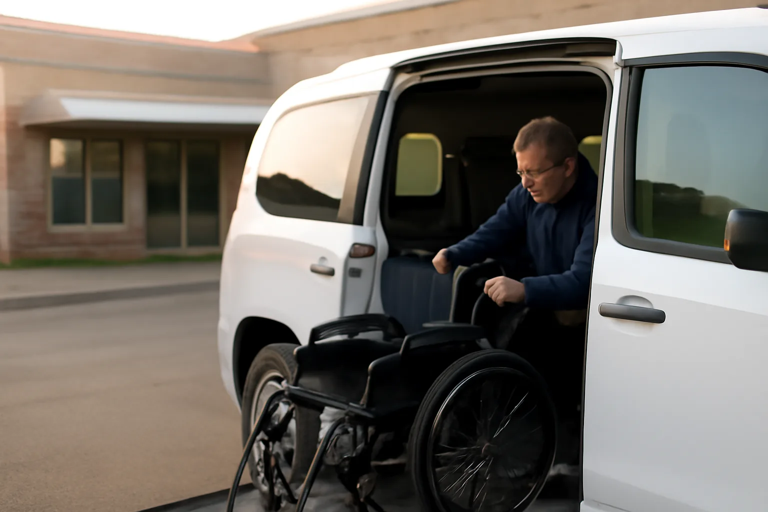 Driver inspecting wheelchair ramp tie-downs on a medical transportation business van at dawn