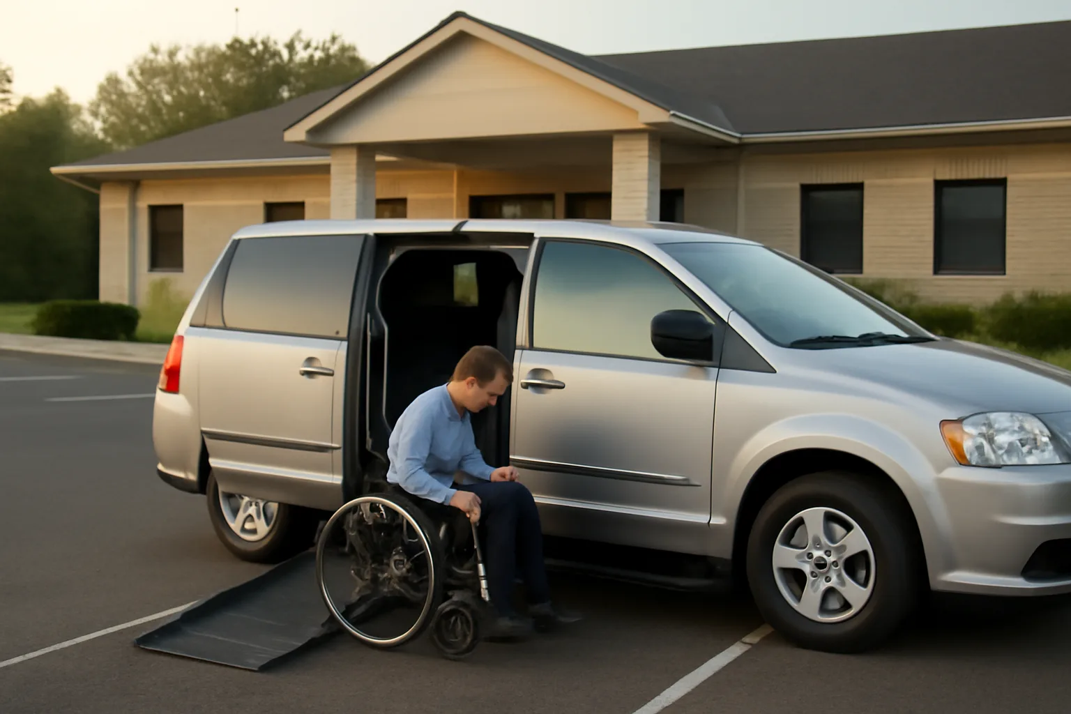 Owner-operator checking wheelchair van ramp and tie-downs before starting non emergency medical transportation service