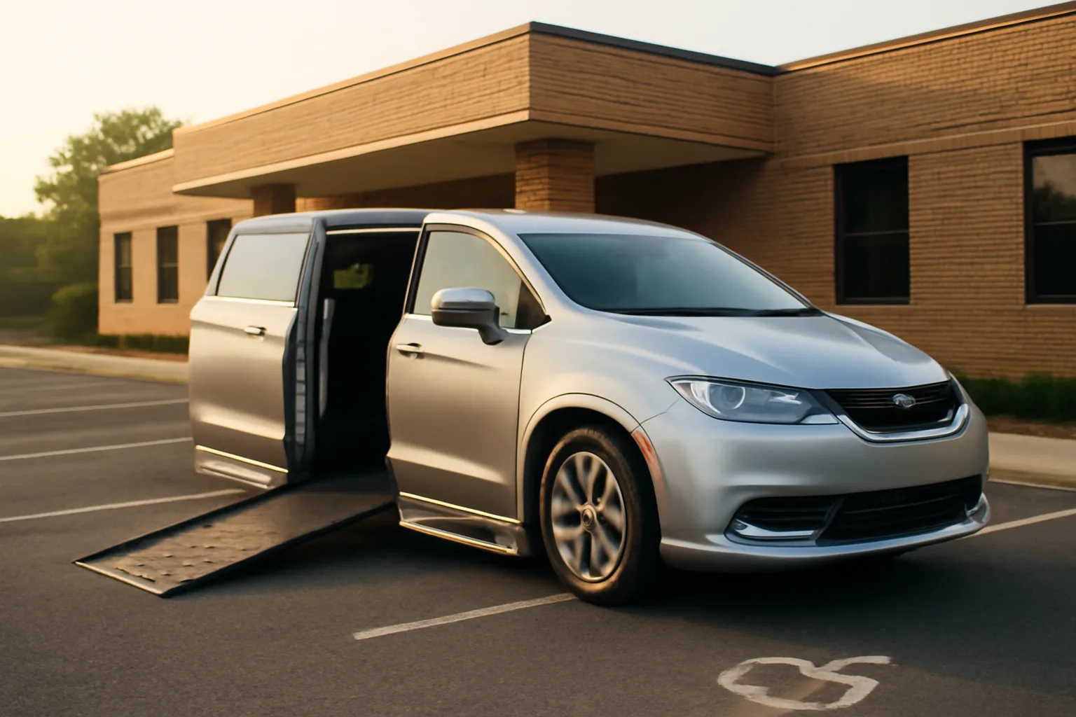 Wheelchair-accessible van with ramp deployed outside a medical clinic at sunrise