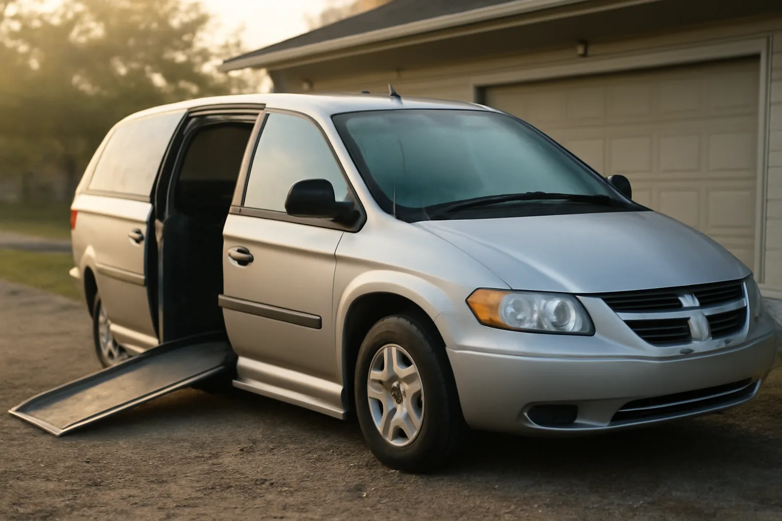 Used wheelchair-accessible van parked at dawn outside a home garage before an NEMT business launch
