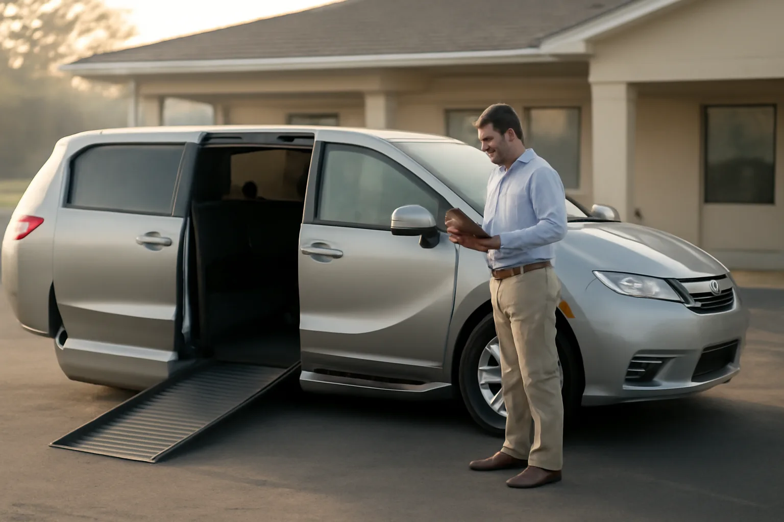 Wheelchair-accessible van with ramp extended outside a clinic, illustrating how to start a non-emergency medical transportation business