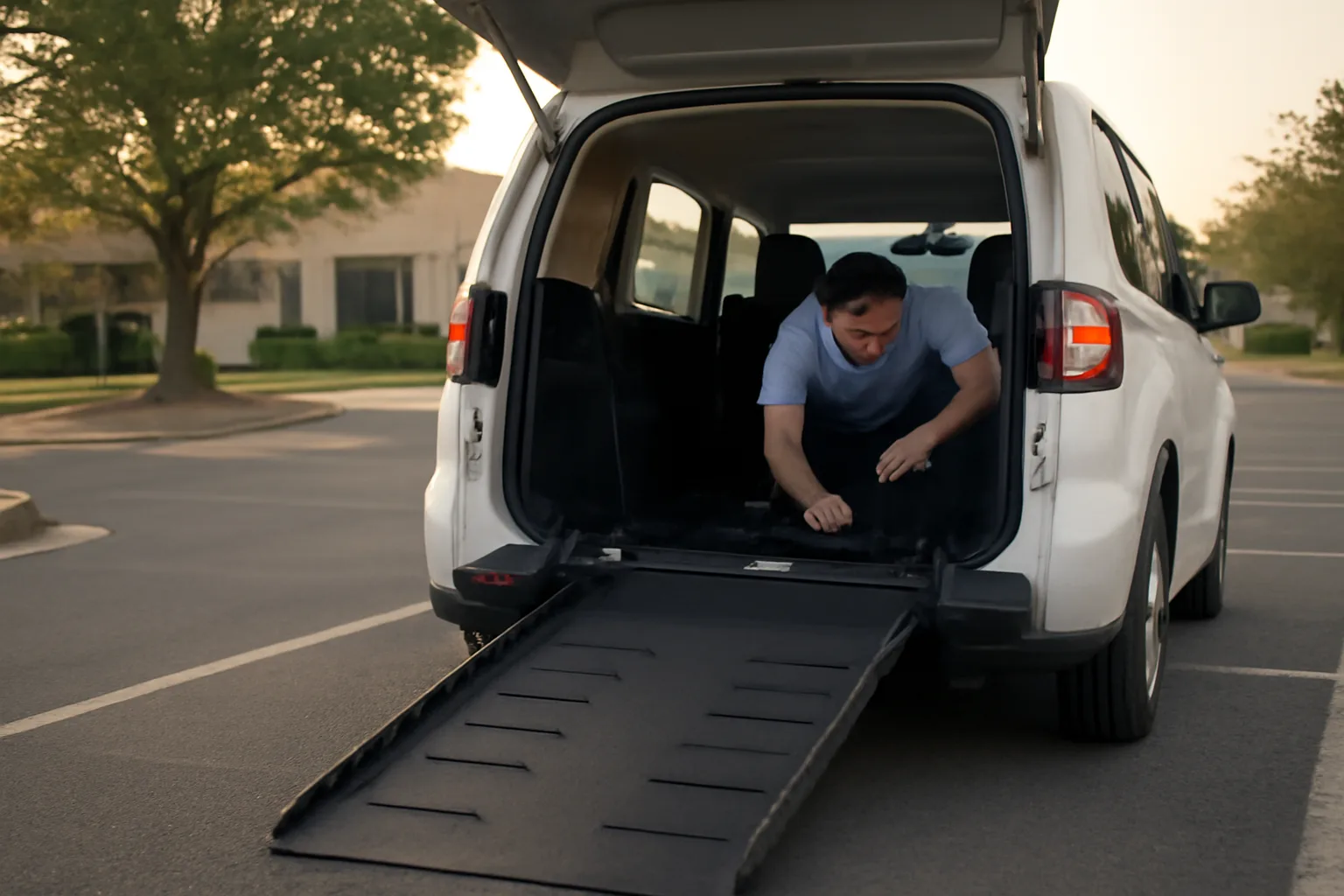 Driver inspecting wheelchair securement straps in a van during Medicaid transportation business setup