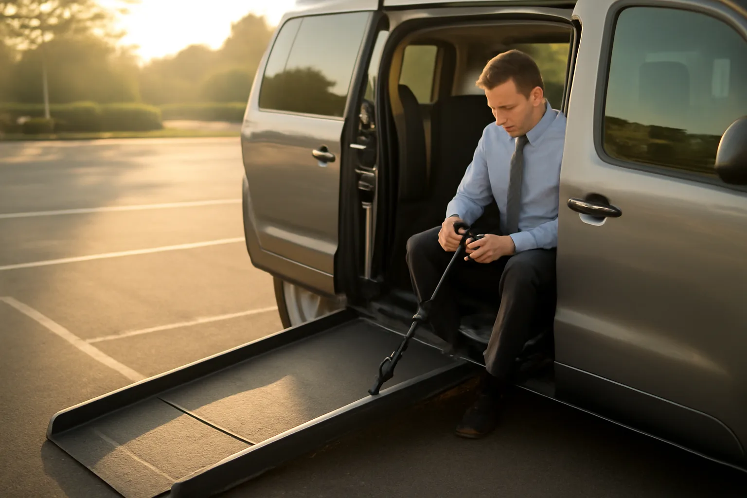 Owner-operator checking wheelchair tie-downs in an accessible van at sunrise