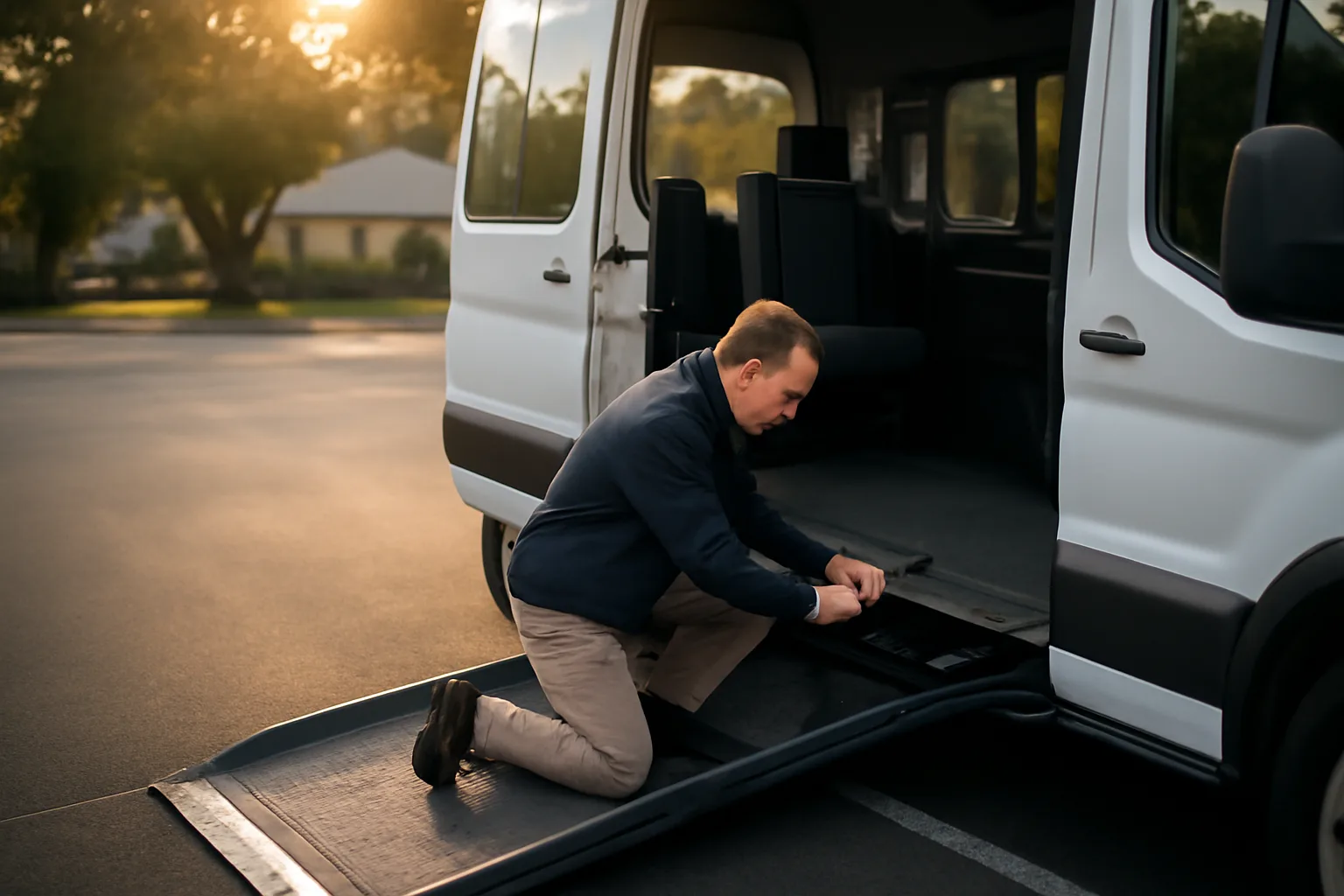 Owner-operator inspecting ramp and securement straps in a wheelchair-accessible medical transport van