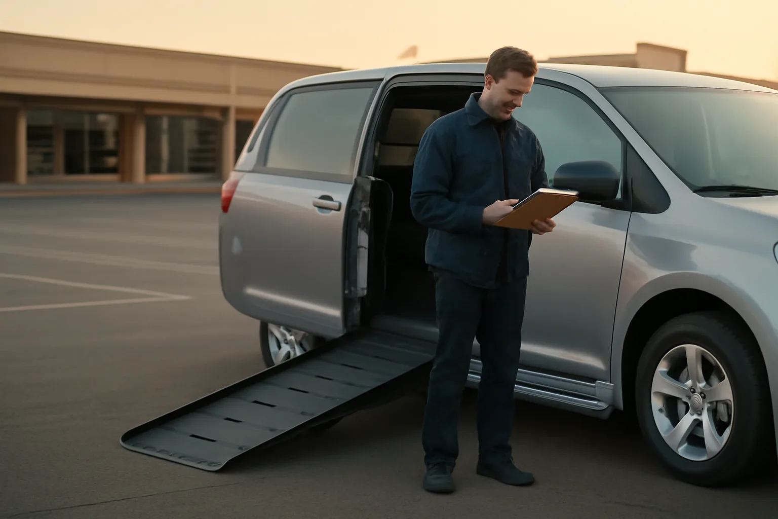 Wheelchair van owner-operator checking vehicle before an NEMT Medicaid transport shift