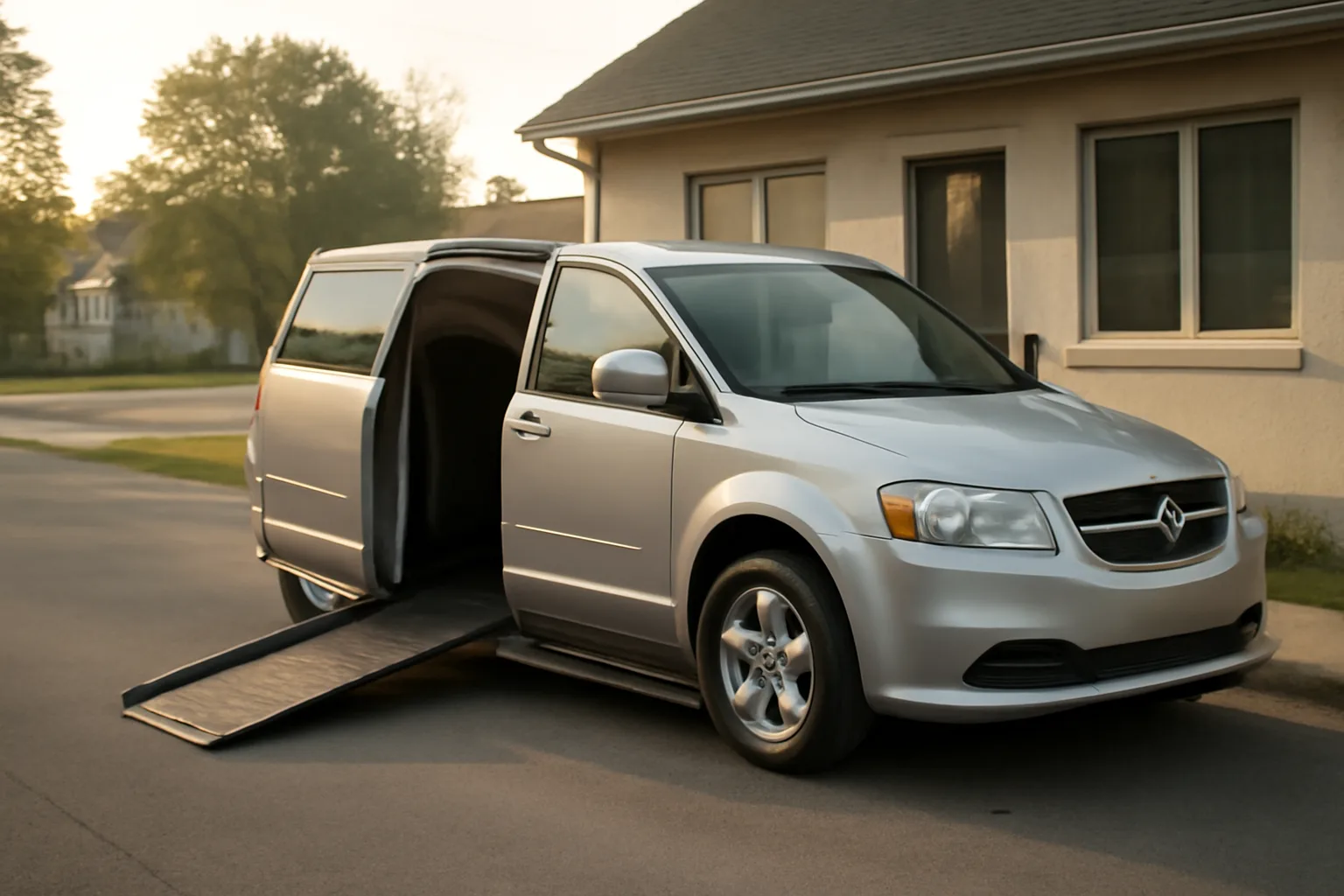 Wheelchair-accessible van with ramp extended outside a clinic, representing a new NEMT business