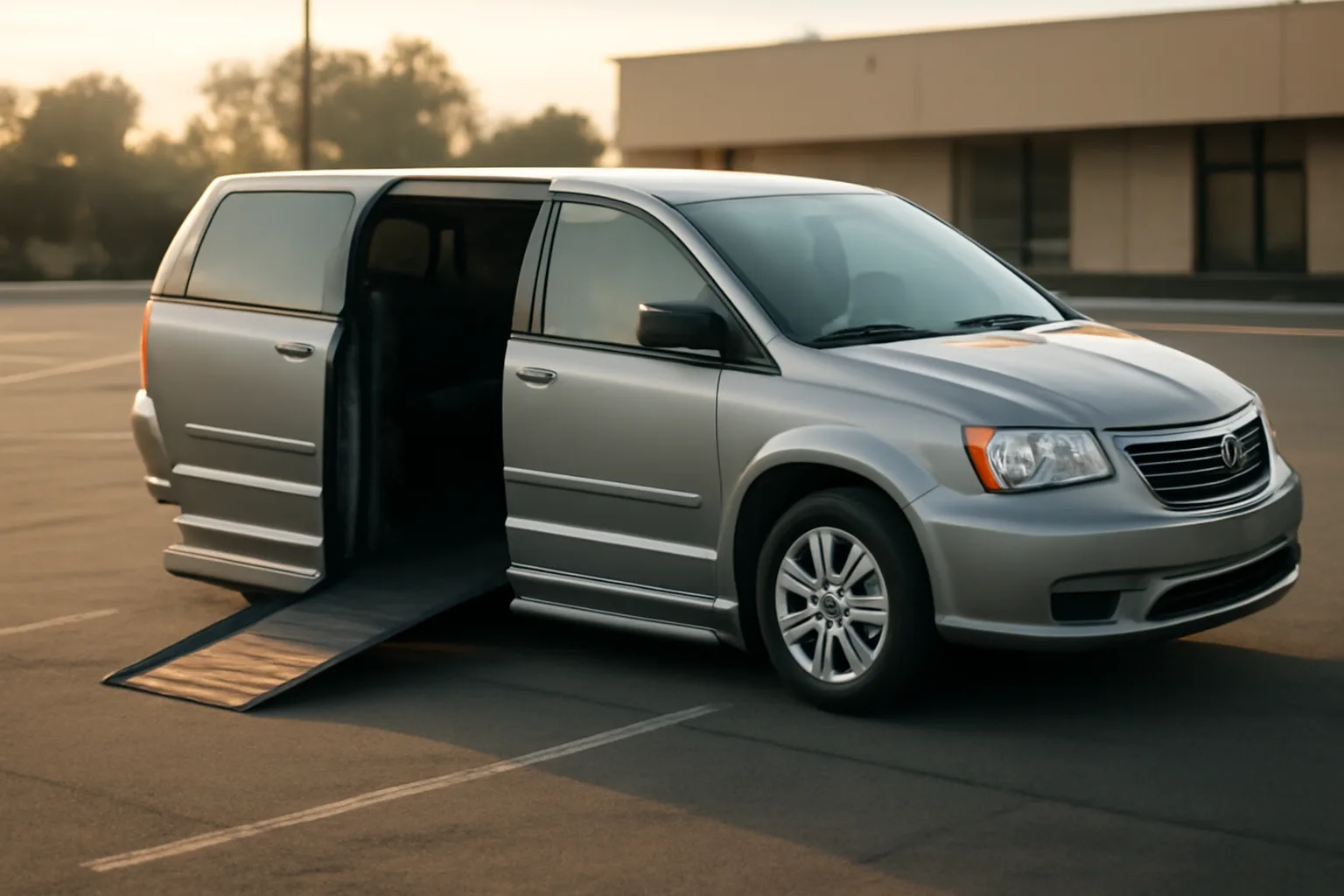 Wheelchair van with ramp deployed in a parking lot, representing an nemt business for sale search
