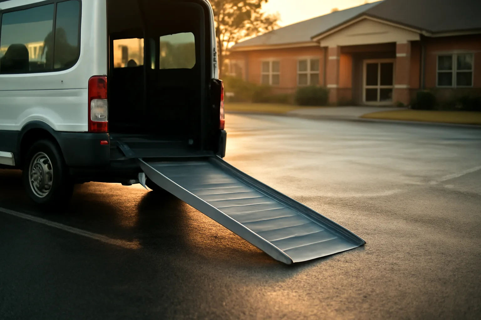 Wheelchair-accessible NEMT van with ramp lowered outside a clinic at dawn