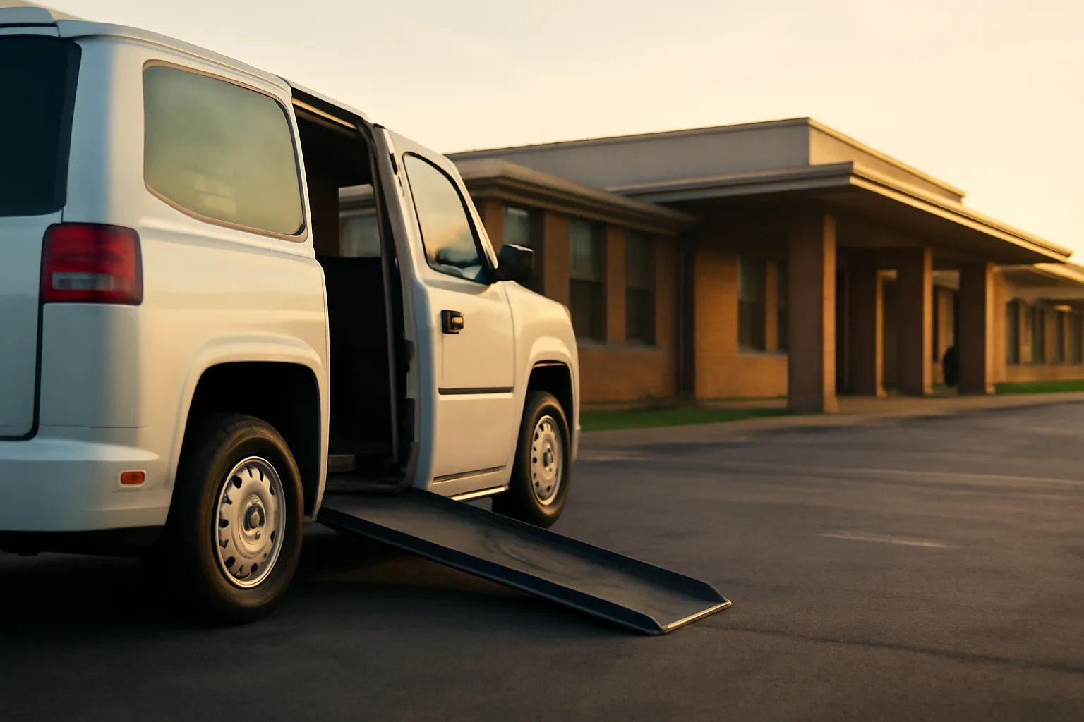 Wheelchair-accessible NEMT van with ramp deployed outside a medical clinic at dawn
