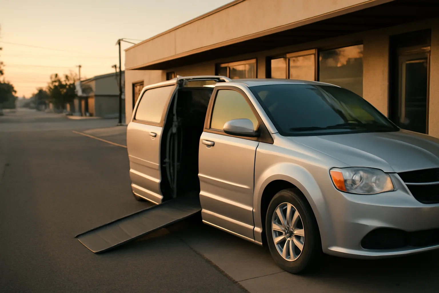 Wheelchair-accessible van with ramp extended outside a small NEMT business office at dawn