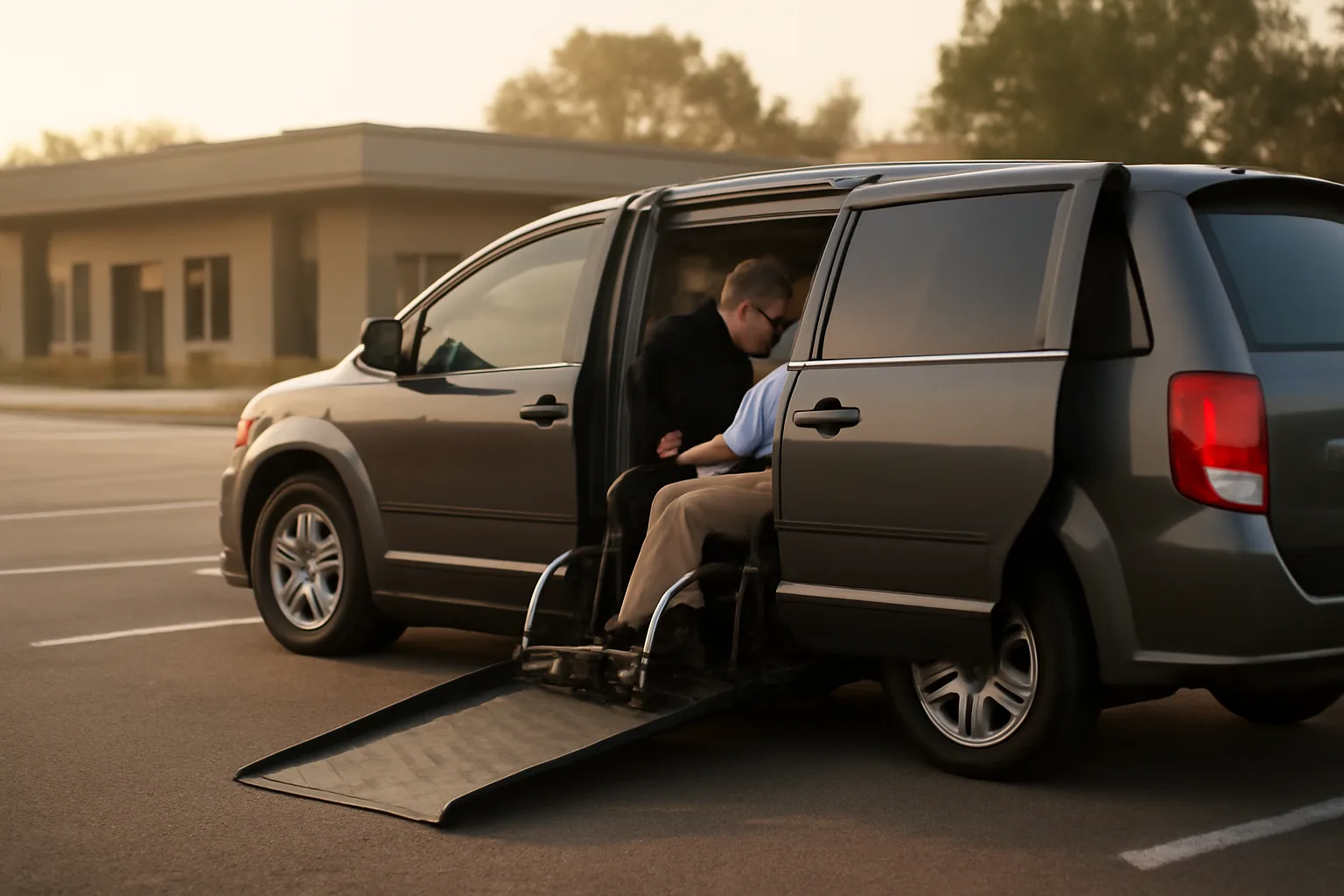 Driver inspecting tie-down straps in a wheelchair-accessible van at dawn