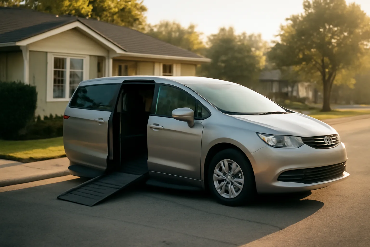 Wheelchair-accessible van with ramp deployed outside a home at dawn