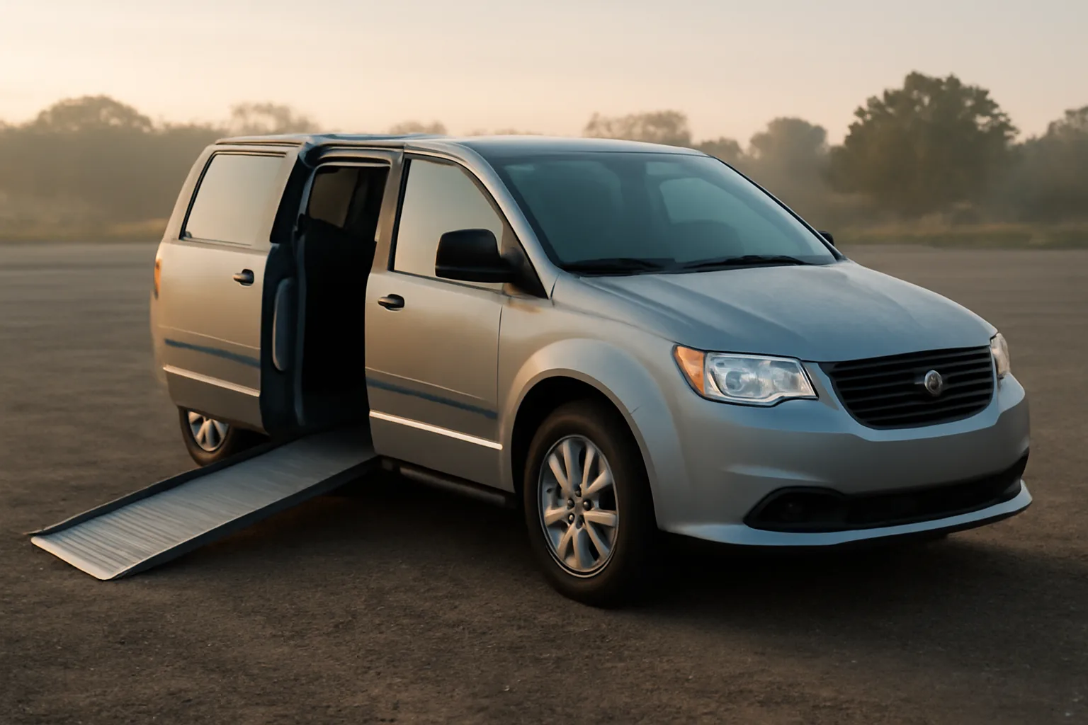 Wheelchair-accessible van with ramp lowered in an empty lot at dawn