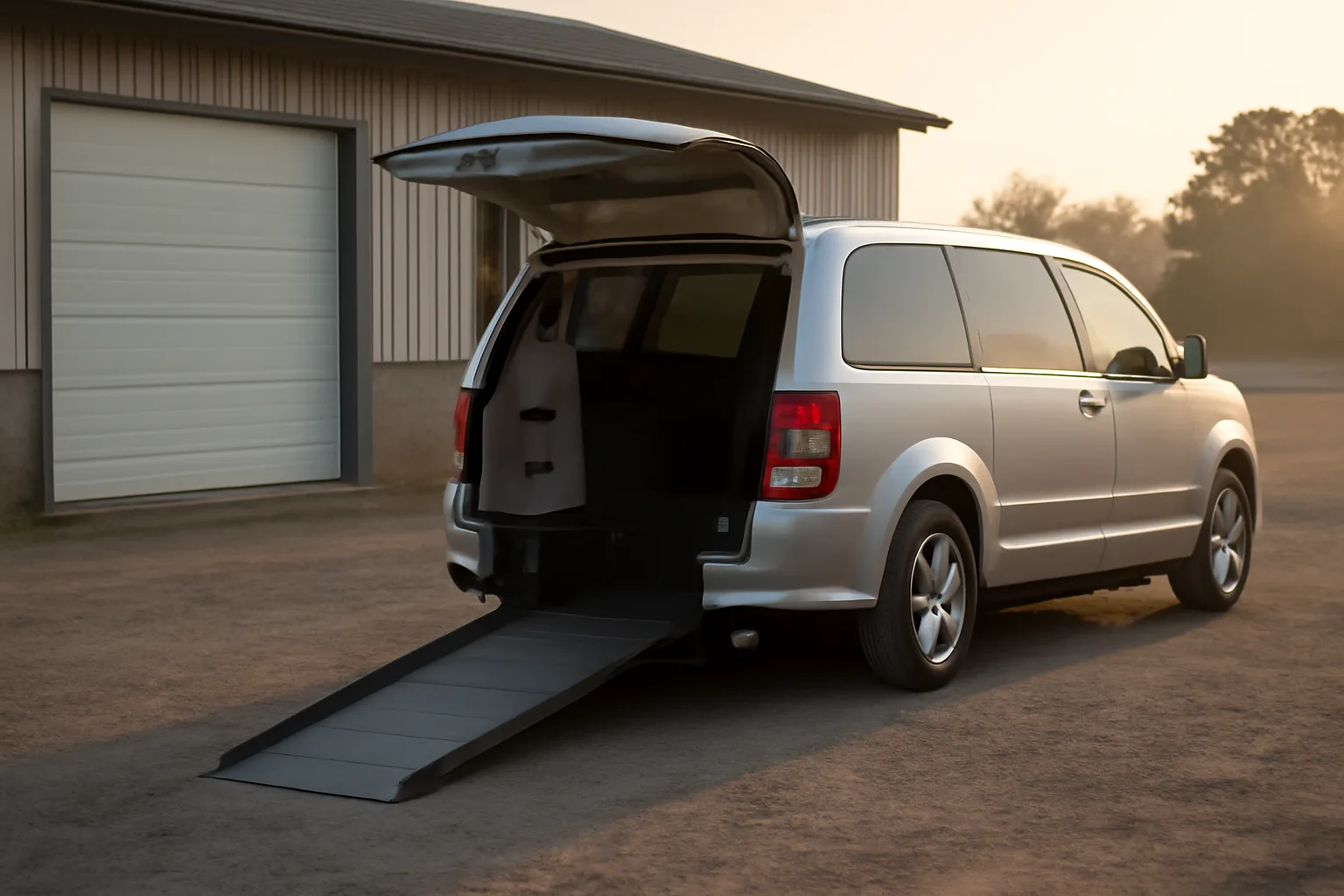 Wheelchair-accessible van with ramp deployed outside a garage at dawn