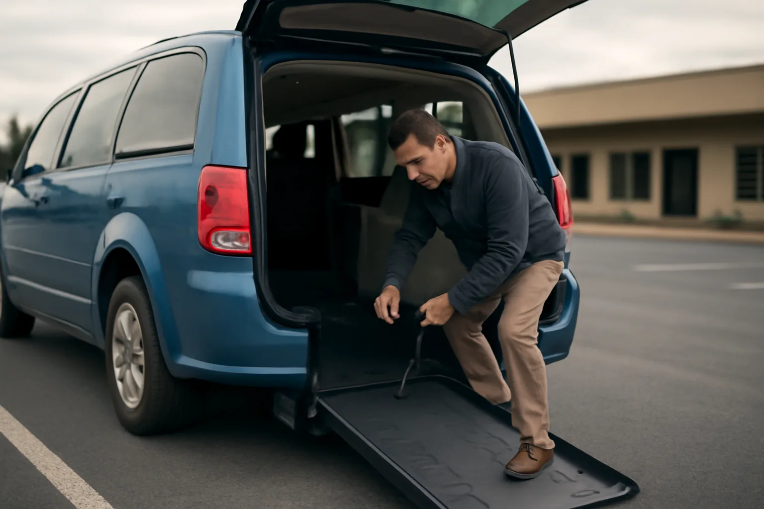 Driver checking wheelchair securement straps inside an accessible van used for NEMT business