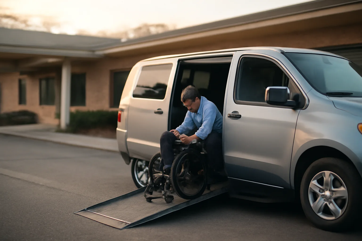 Wheelchair van with ramp extended outside a clinic during non-emergency medical transportation