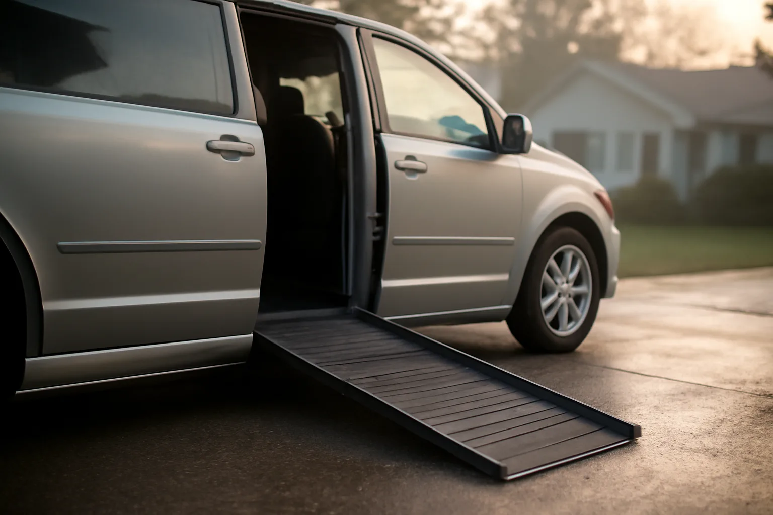 Wheelchair van with ramp deployed in a driveway at sunrise, representing a NEMT business startup