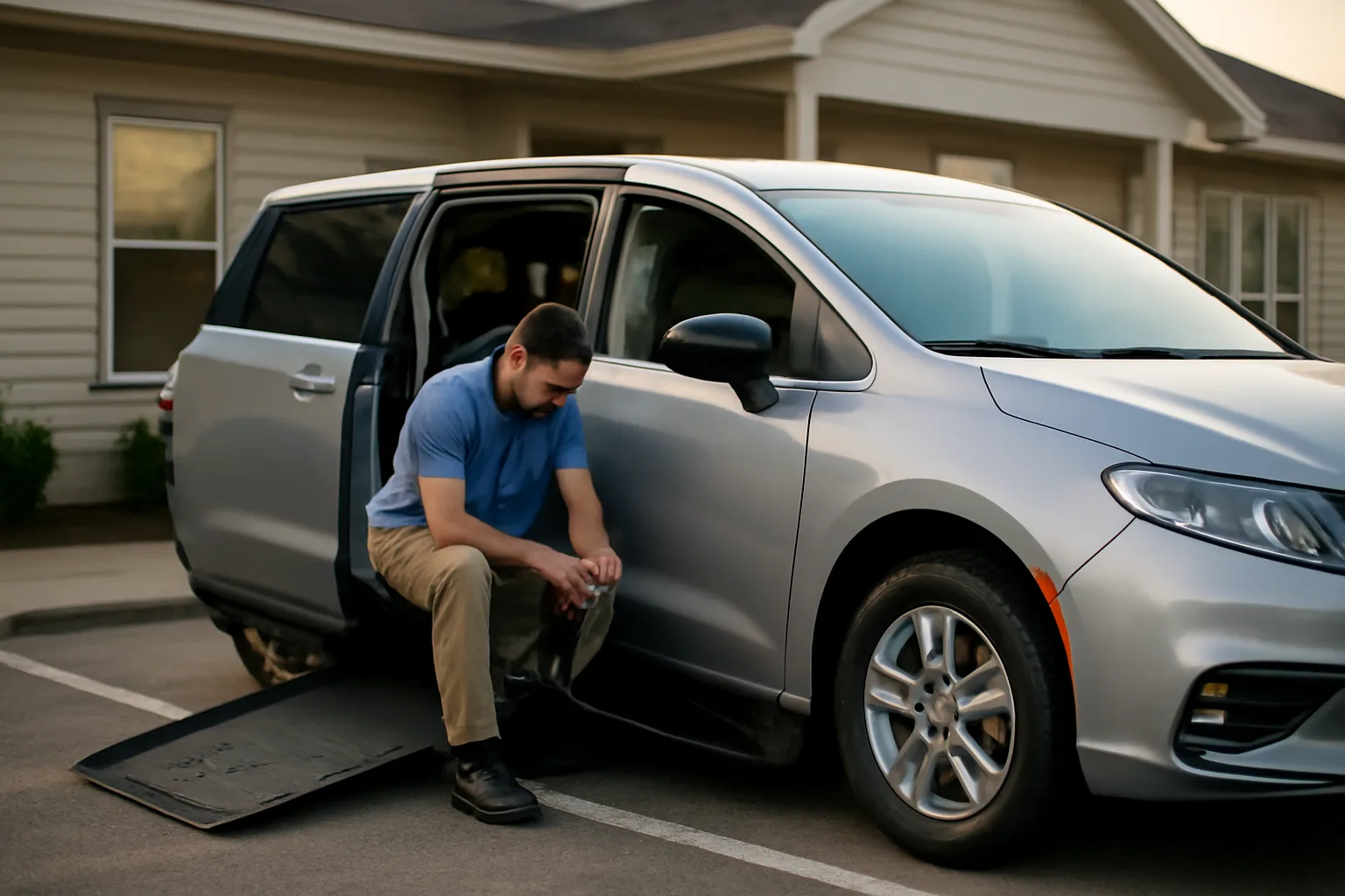 Wheelchair-accessible van with ramp deployed outside a medical clinic in morning light