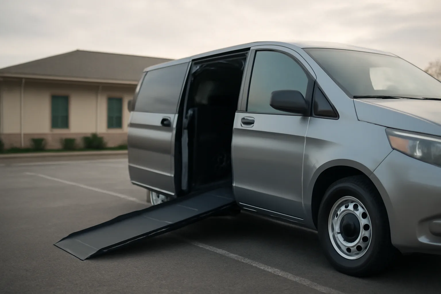 Wheelchair-accessible van with ramp extended outside a medical office in morning light