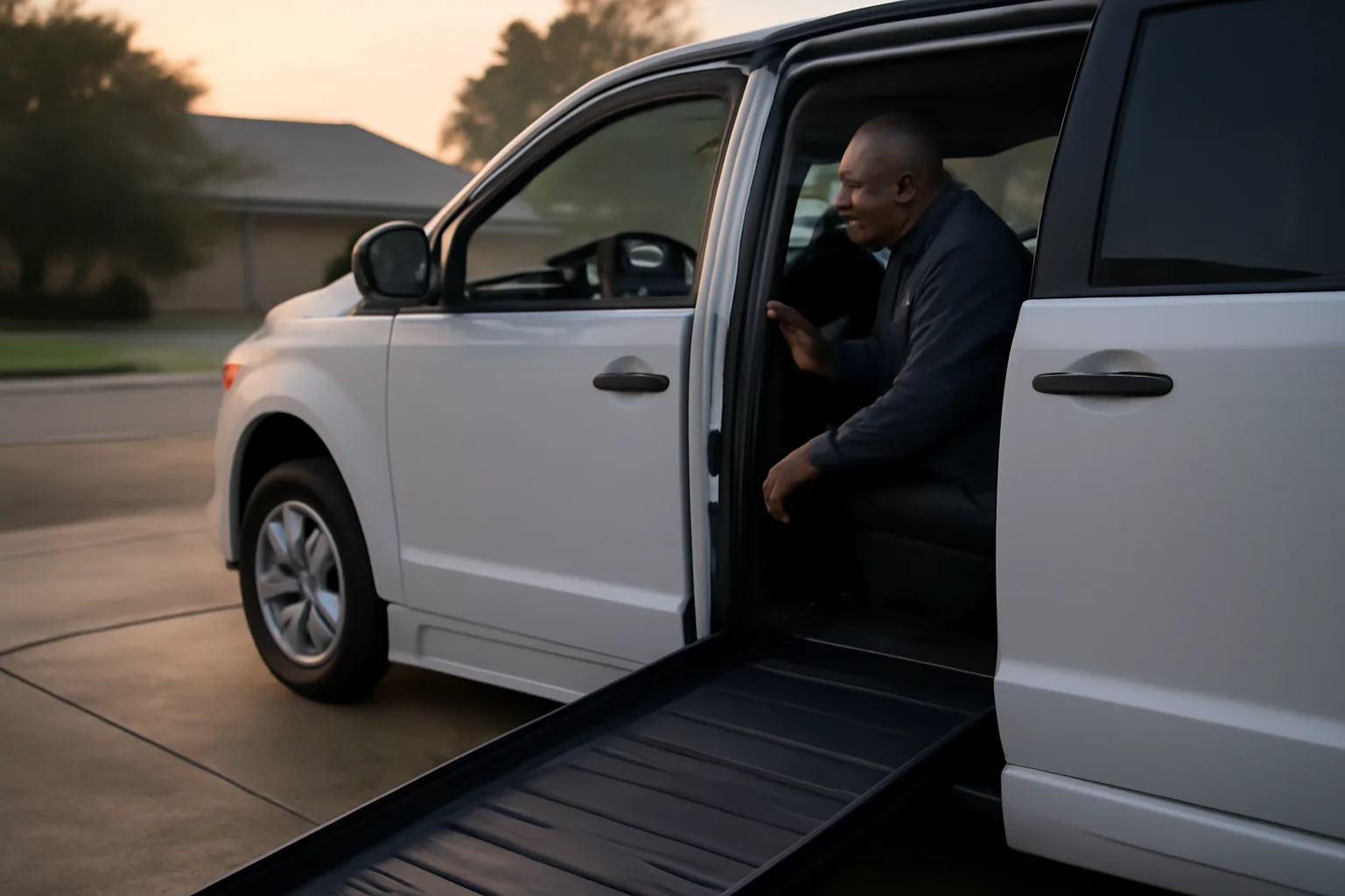 Wheelchair van with ramp deployed in driveway, driver checking dashboard phone mount before NEMT trip