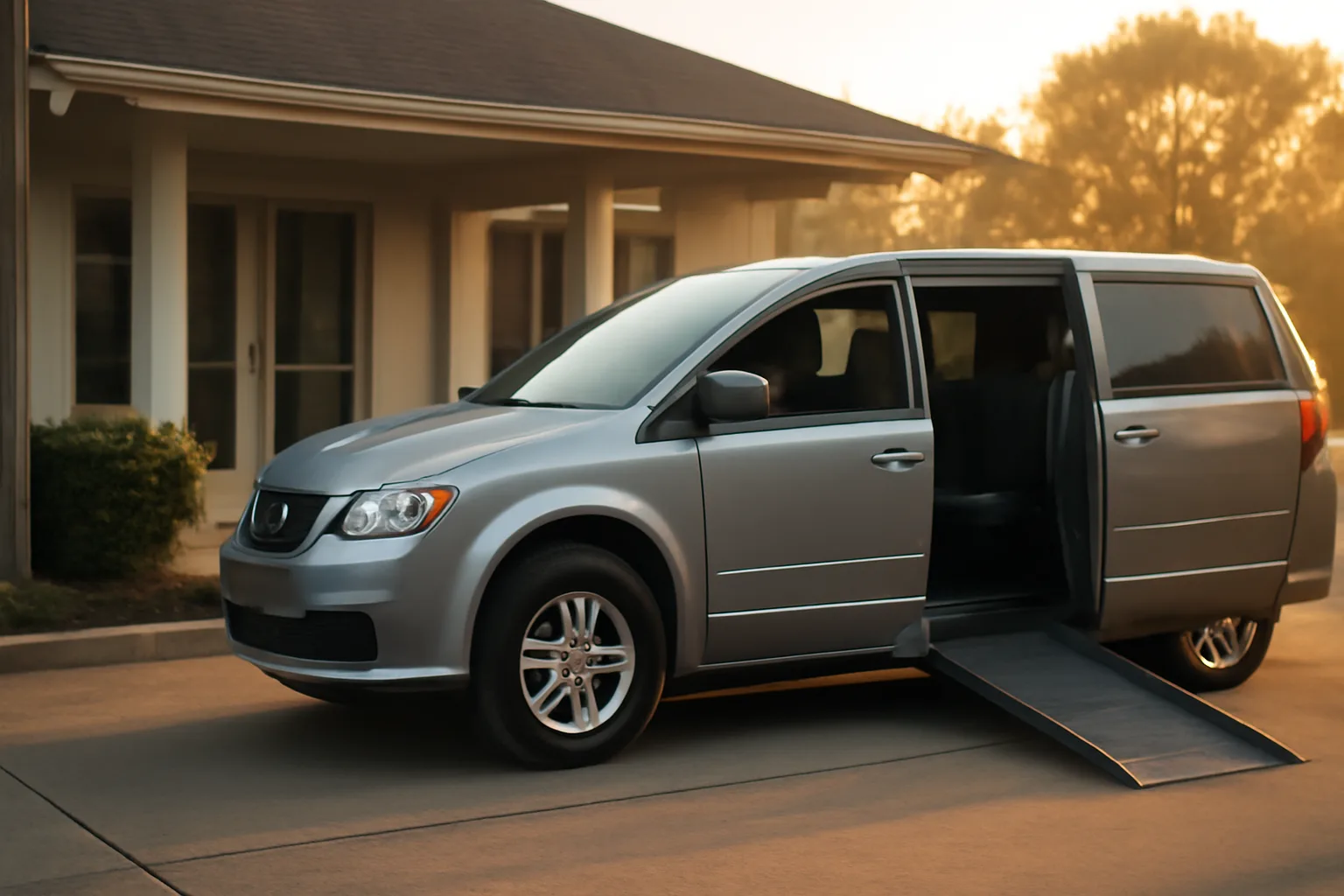 Wheelchair-accessible van with ramp lowered outside a clinic at sunrise