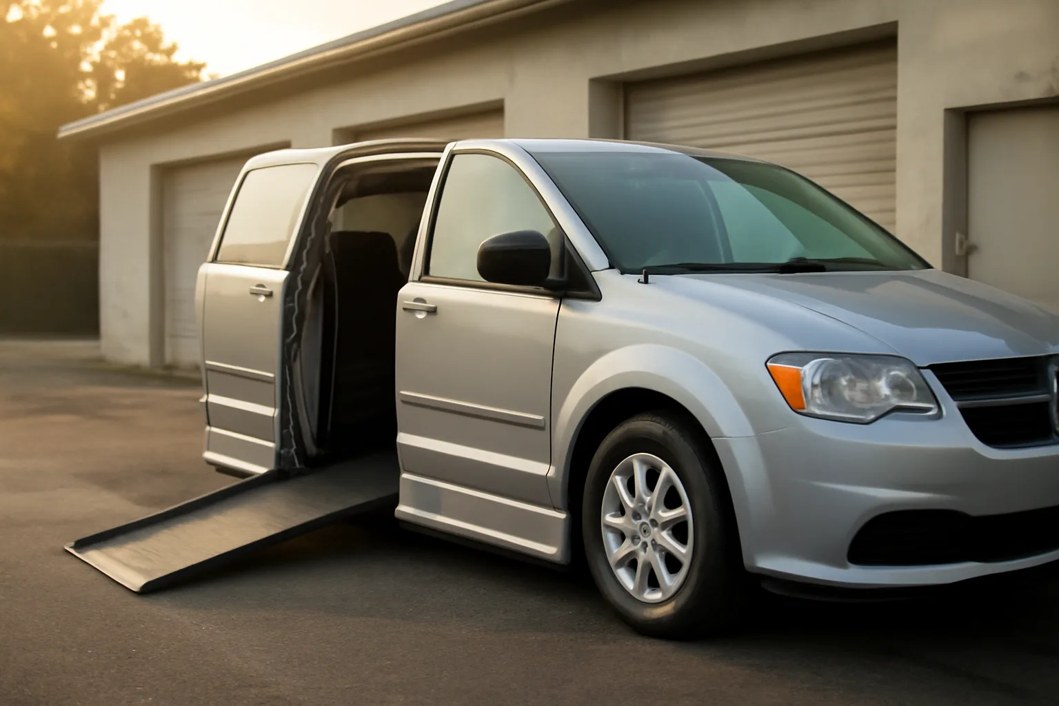 Wheelchair-accessible van with ramp deployed outside a garage at sunrise