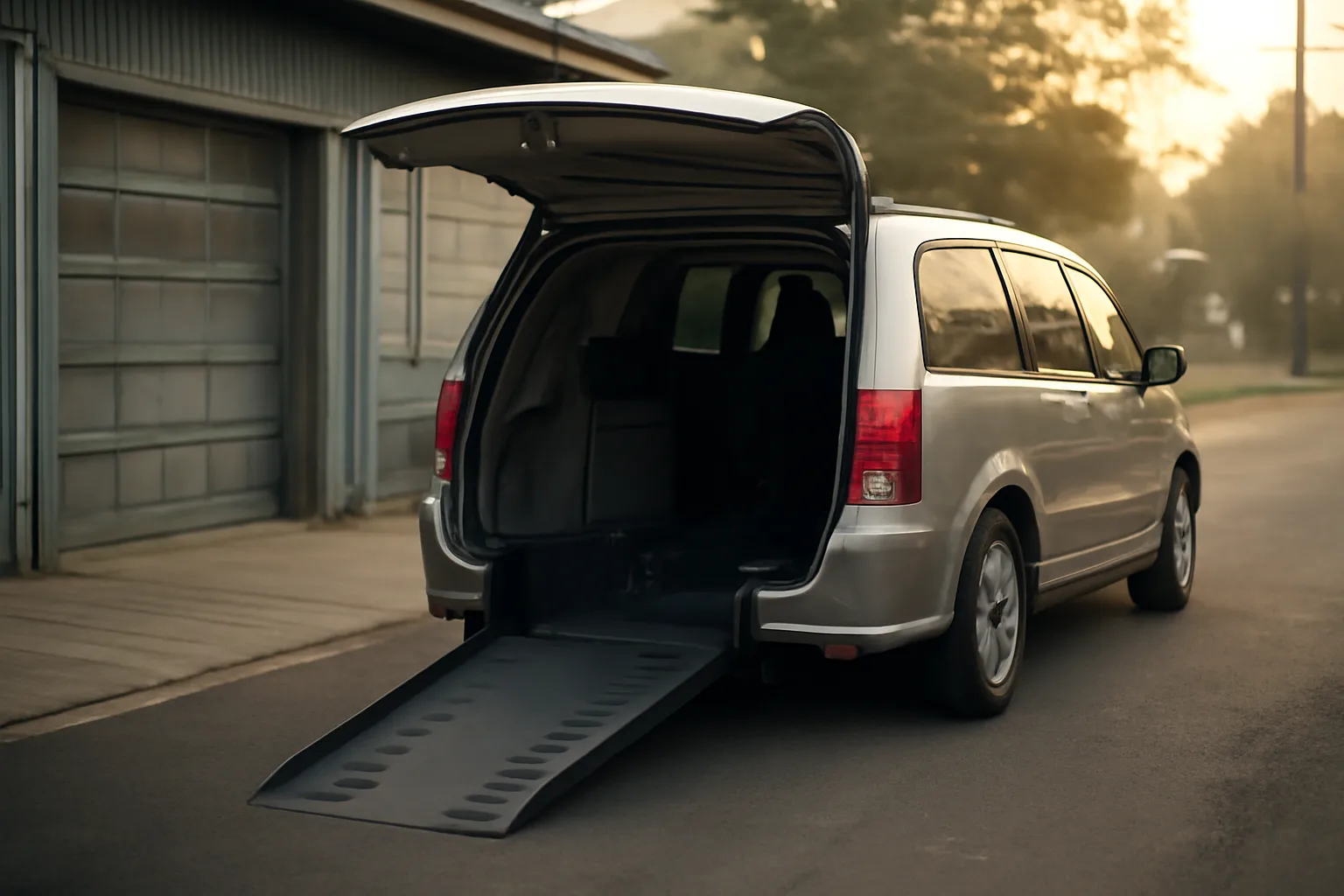 Wheelchair van with ramp deployed, illustrating startup costs for a NEMT business