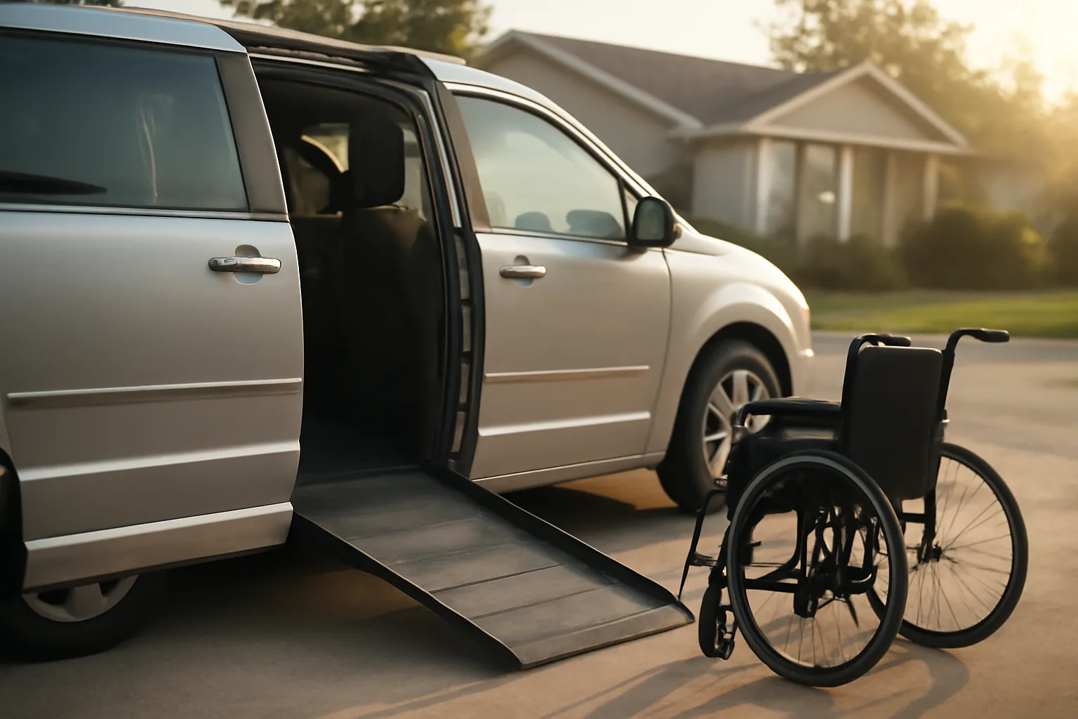 Wheelchair-accessible van with ramp deployed, representing steps to start a non-emergency medical transportation business