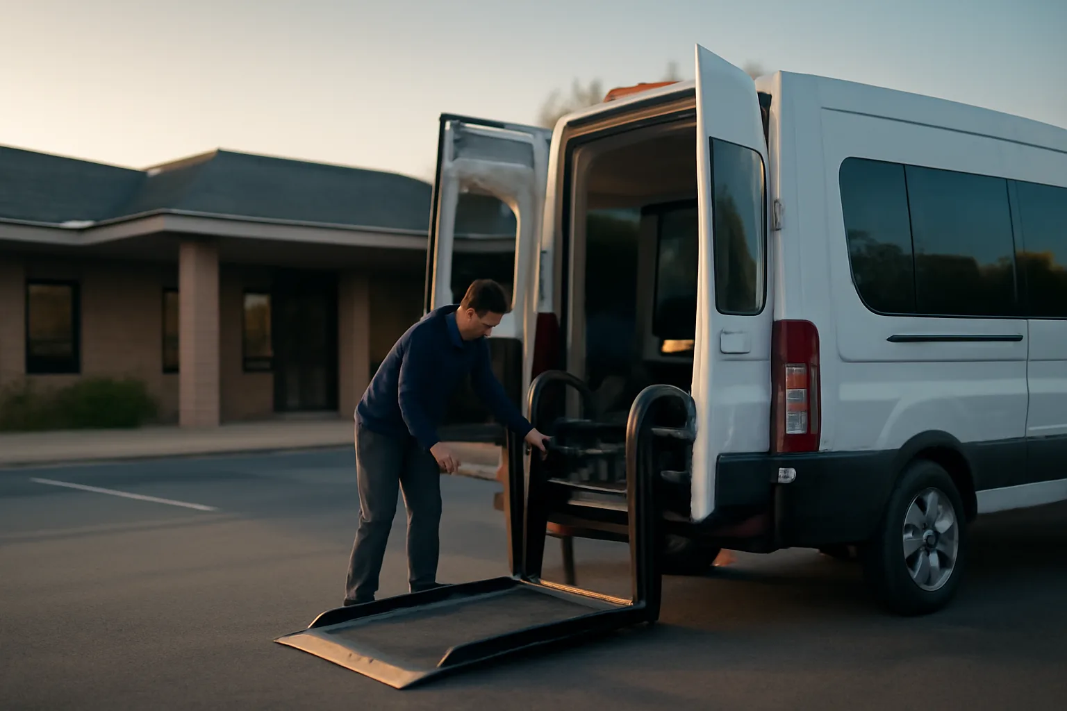 Wheelchair van owner-operator checking lift mechanism before a medical transportation shift