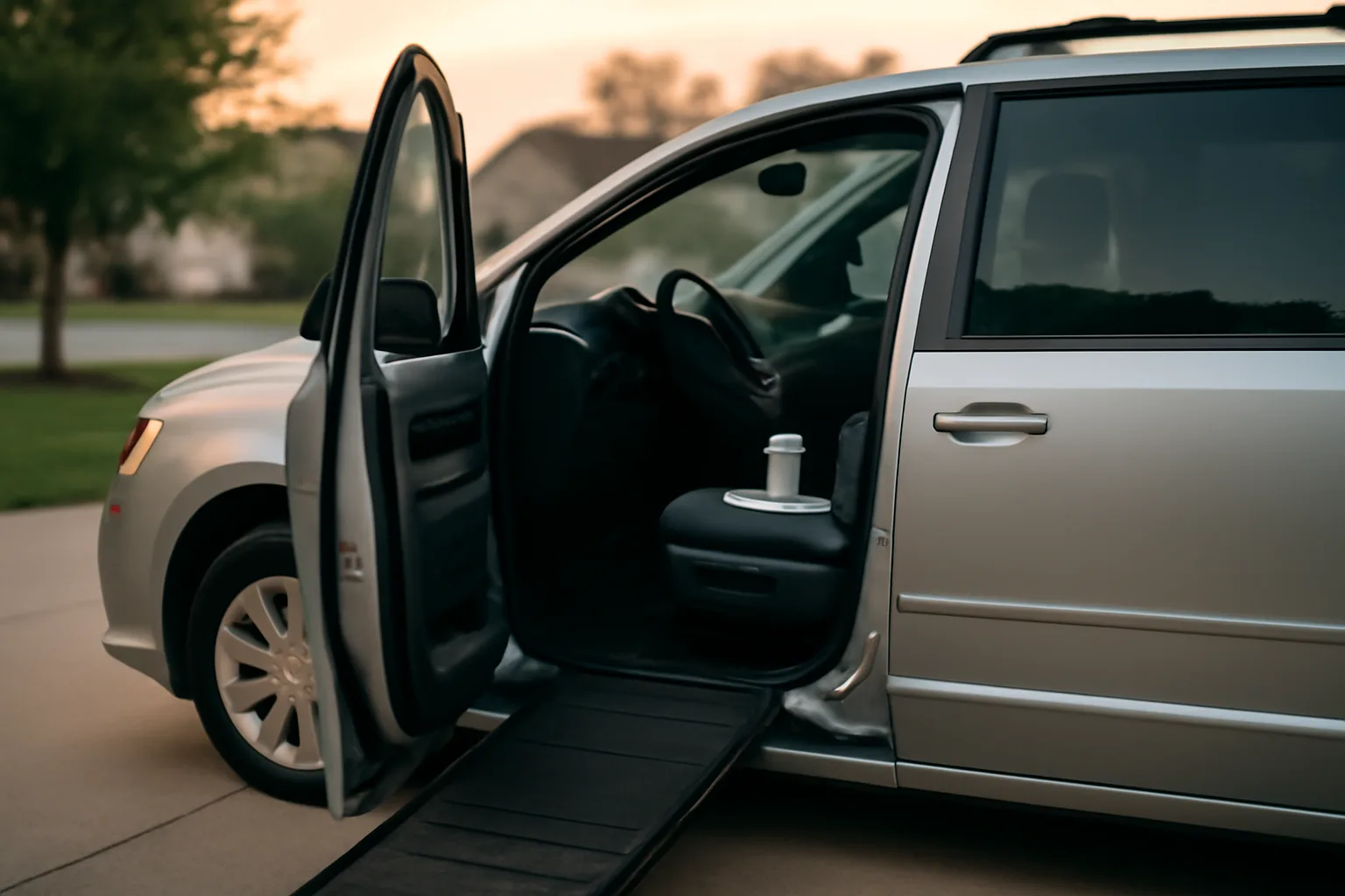 Wheelchair van at dawn with a clipboard on the seat, representing NEMT dispatch software for small operators