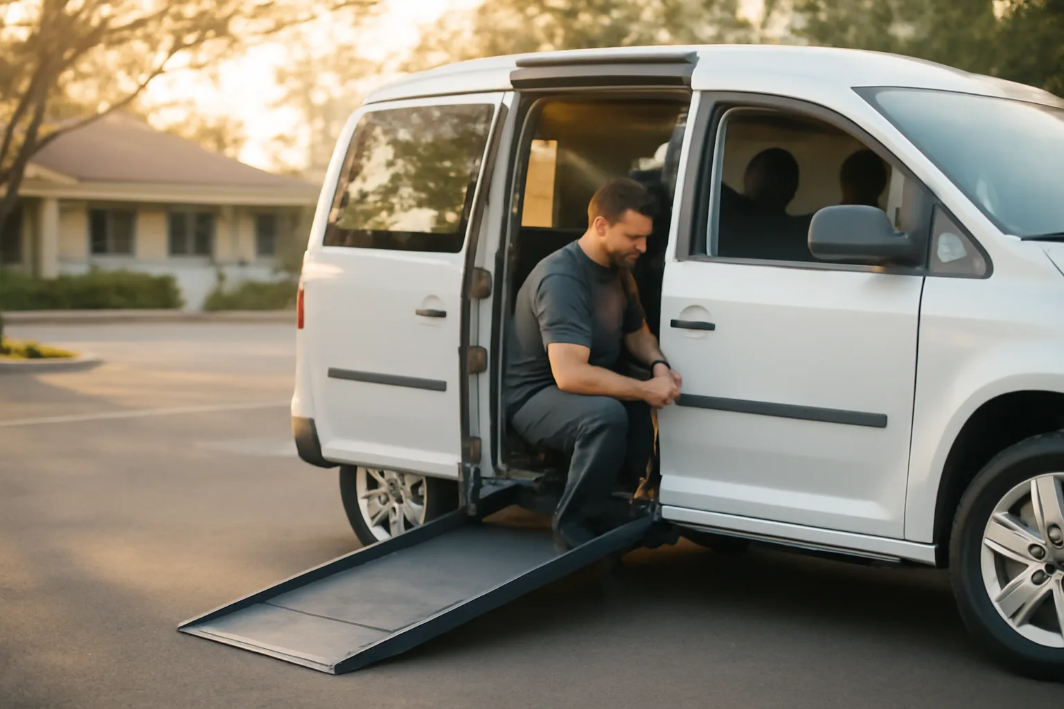 Wheelchair van ramp deployed outside a clinic during early morning NEMT pickup