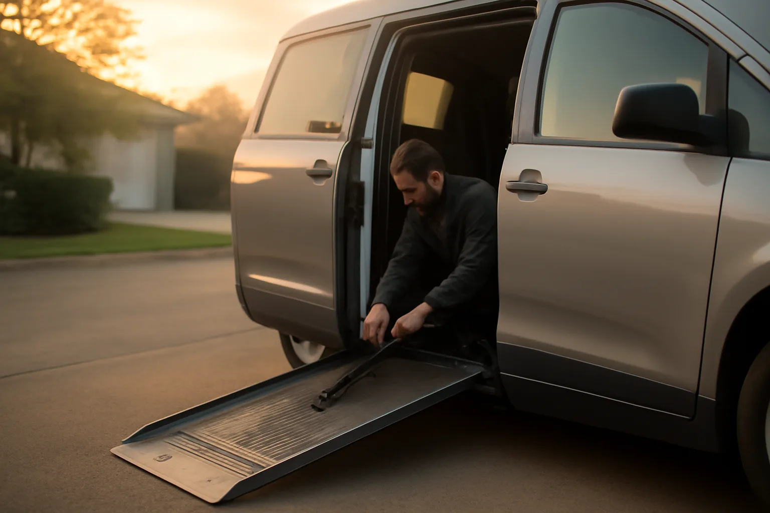 Driver securing a wheelchair on a ramp beside a non-emergency medical transport van